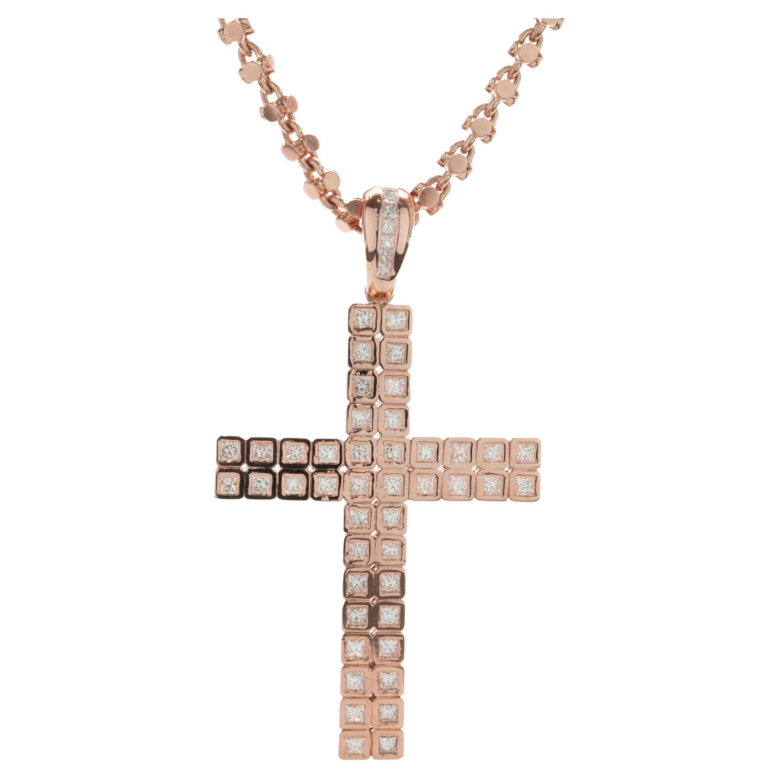14 Karat Rose Gold Cube Set Princess Cut Diamond Cross Necklace For Sale