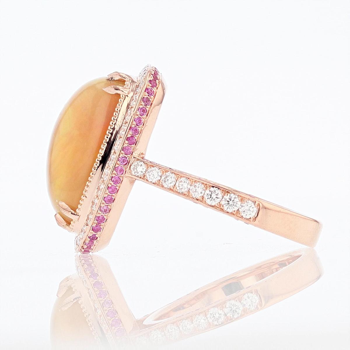 Modern 14 Karat Rose Gold Cushion Opal, Pink Sapphire, and Diamond Ring For Sale