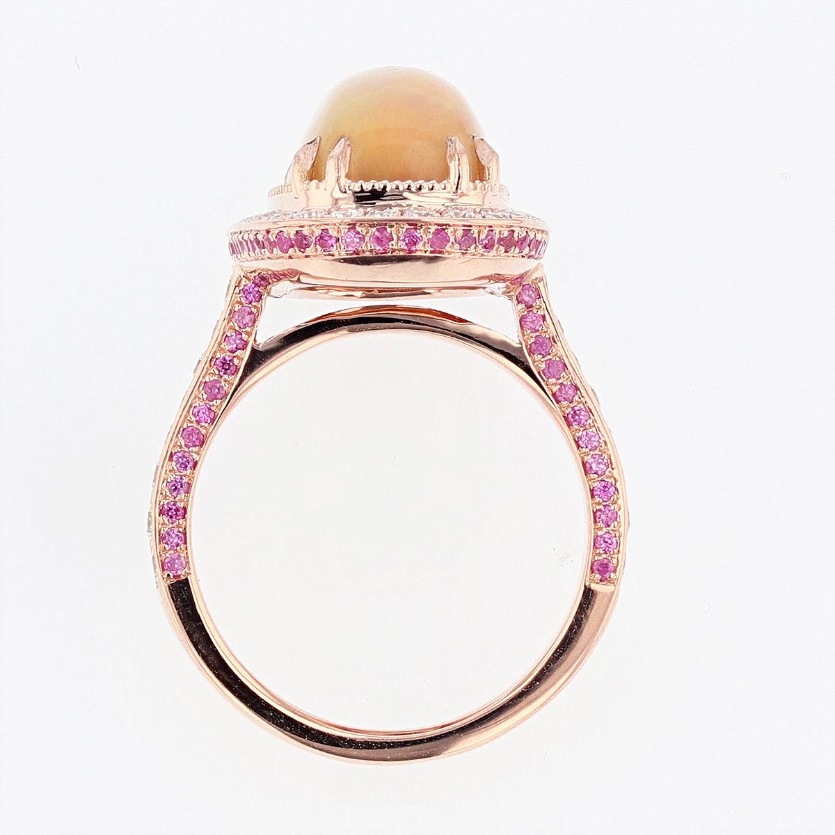 Cushion Cut 14 Karat Rose Gold Cushion Opal, Pink Sapphire, and Diamond Ring For Sale