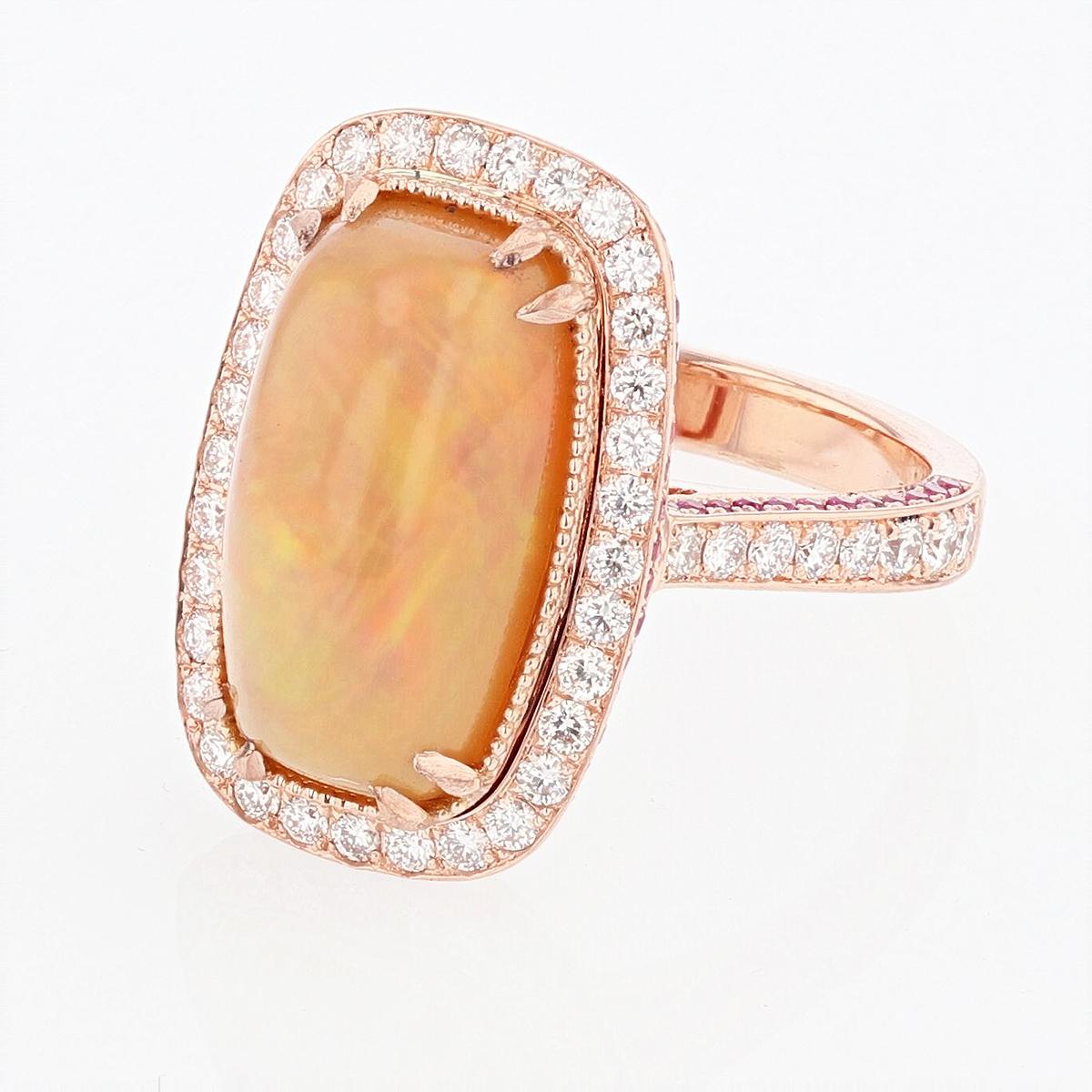 14 Karat Rose Gold Cushion Opal, Pink Sapphire, and Diamond Ring In New Condition For Sale In Houston, TX