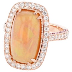 Retro 14 Karat Rose Gold Cushion Opal, Pink Sapphire, and Diamond Ring