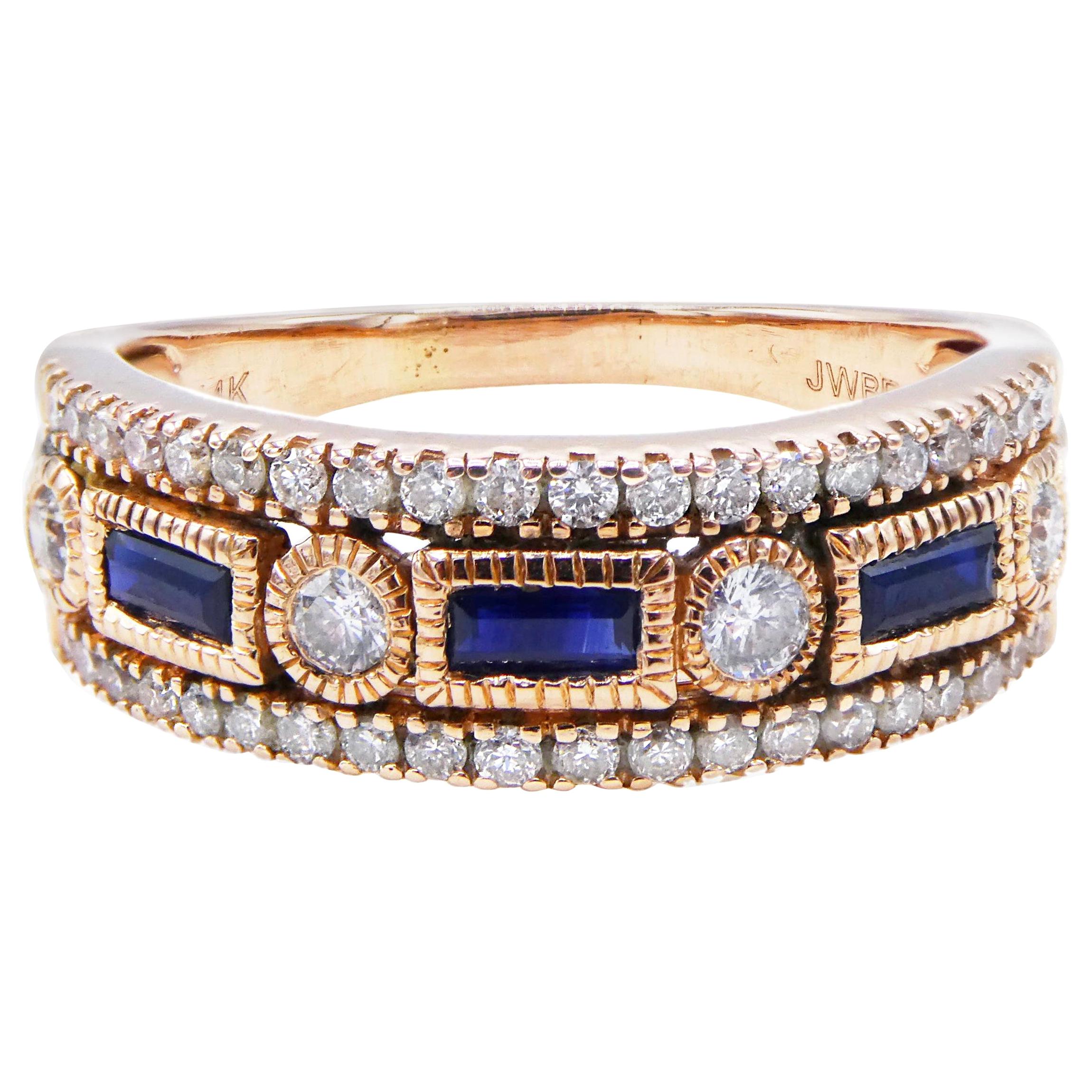 14 Karat Rose Gold Diamond and Blue Sapphire Band Ring
