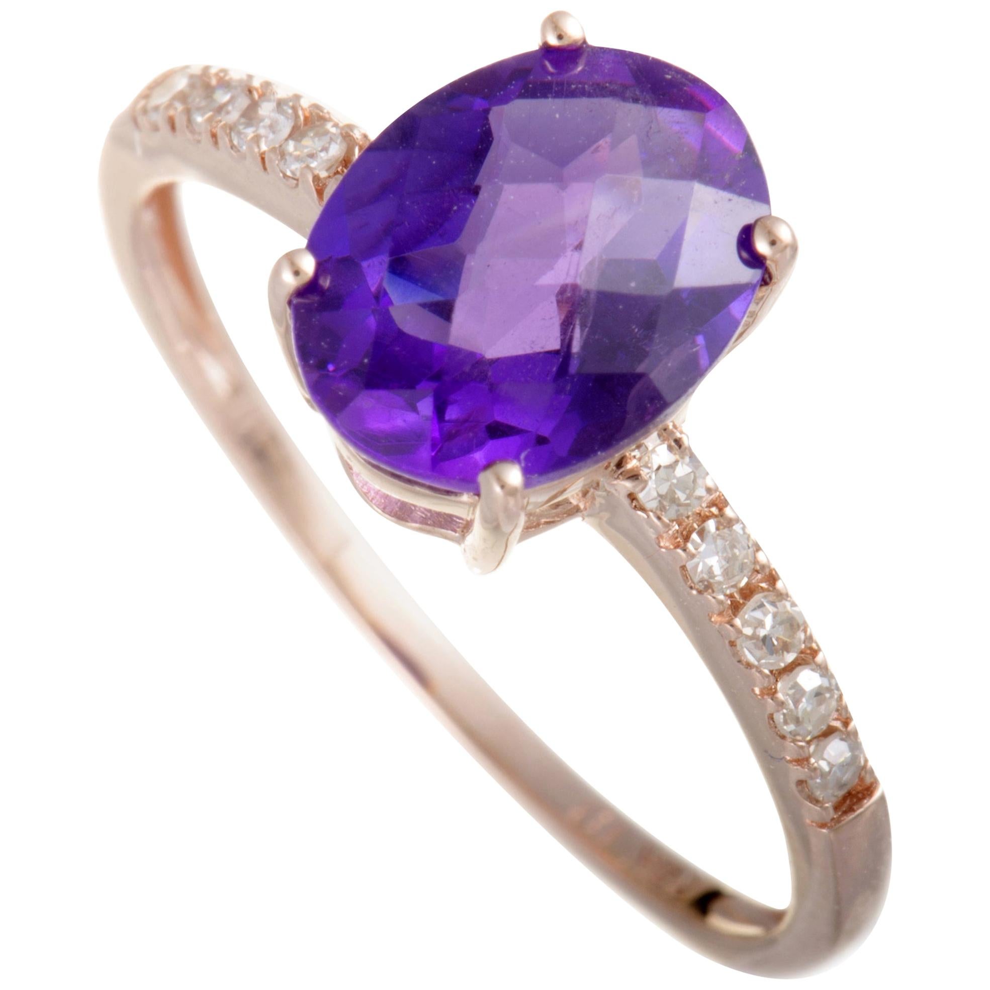 14 Karat Rose Gold Diamond and Oval Amethyst Ring