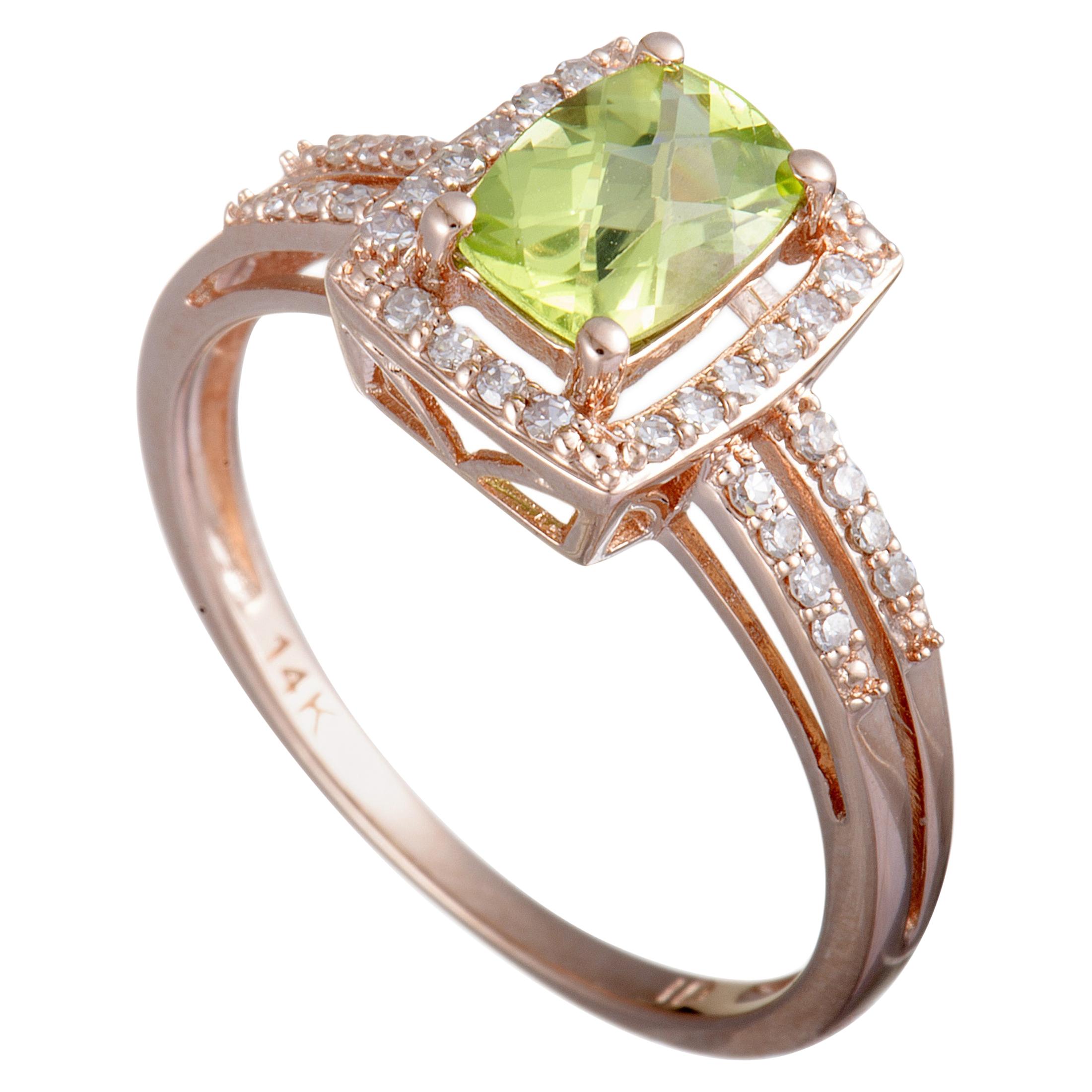 14 Karat Rose Gold Diamond and Peridot Small Rectangle Ring