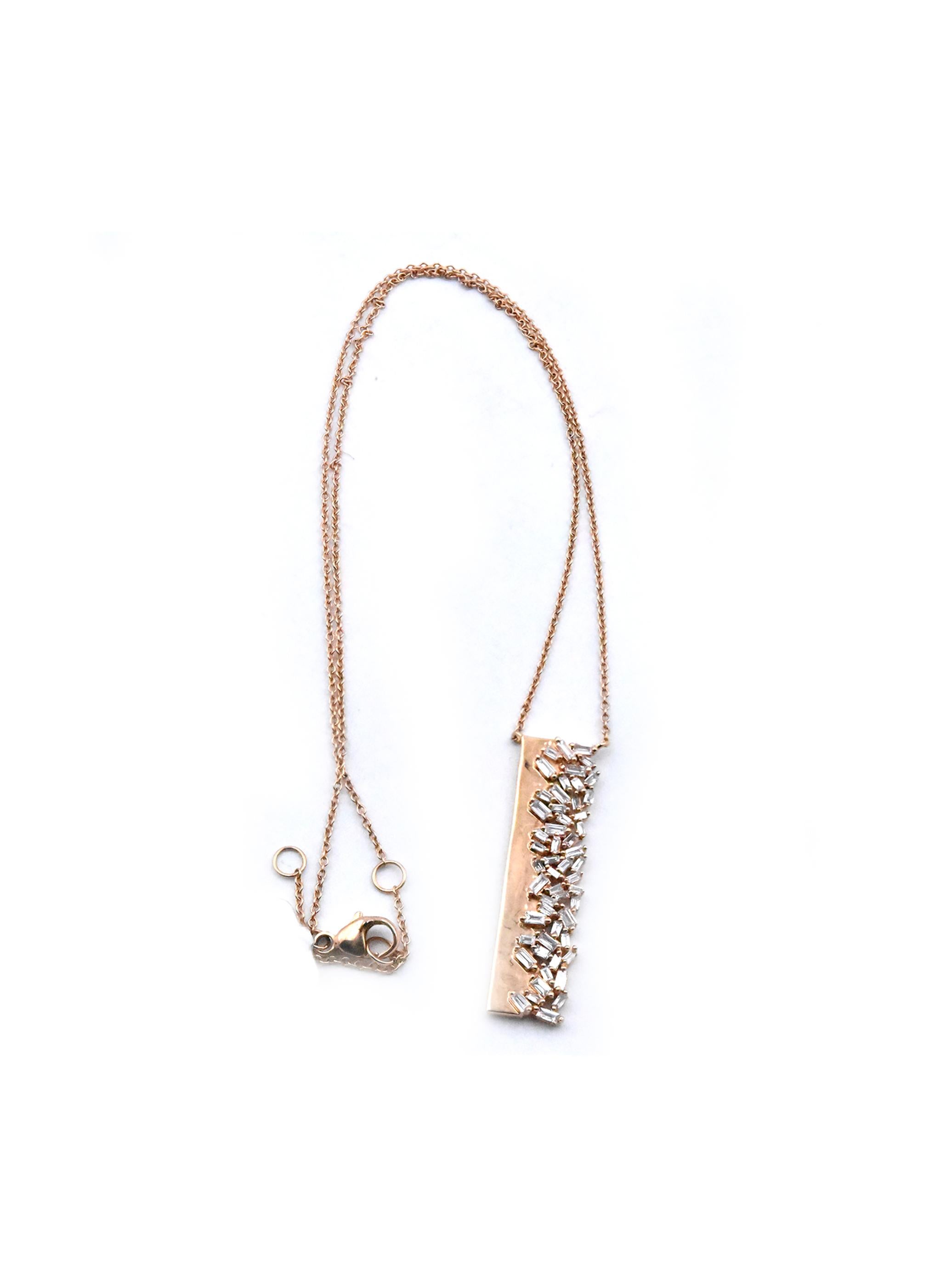 14 Karat Rose Gold Diamond Baguette Cluster Bar Necklace In Excellent Condition In Scottsdale, AZ