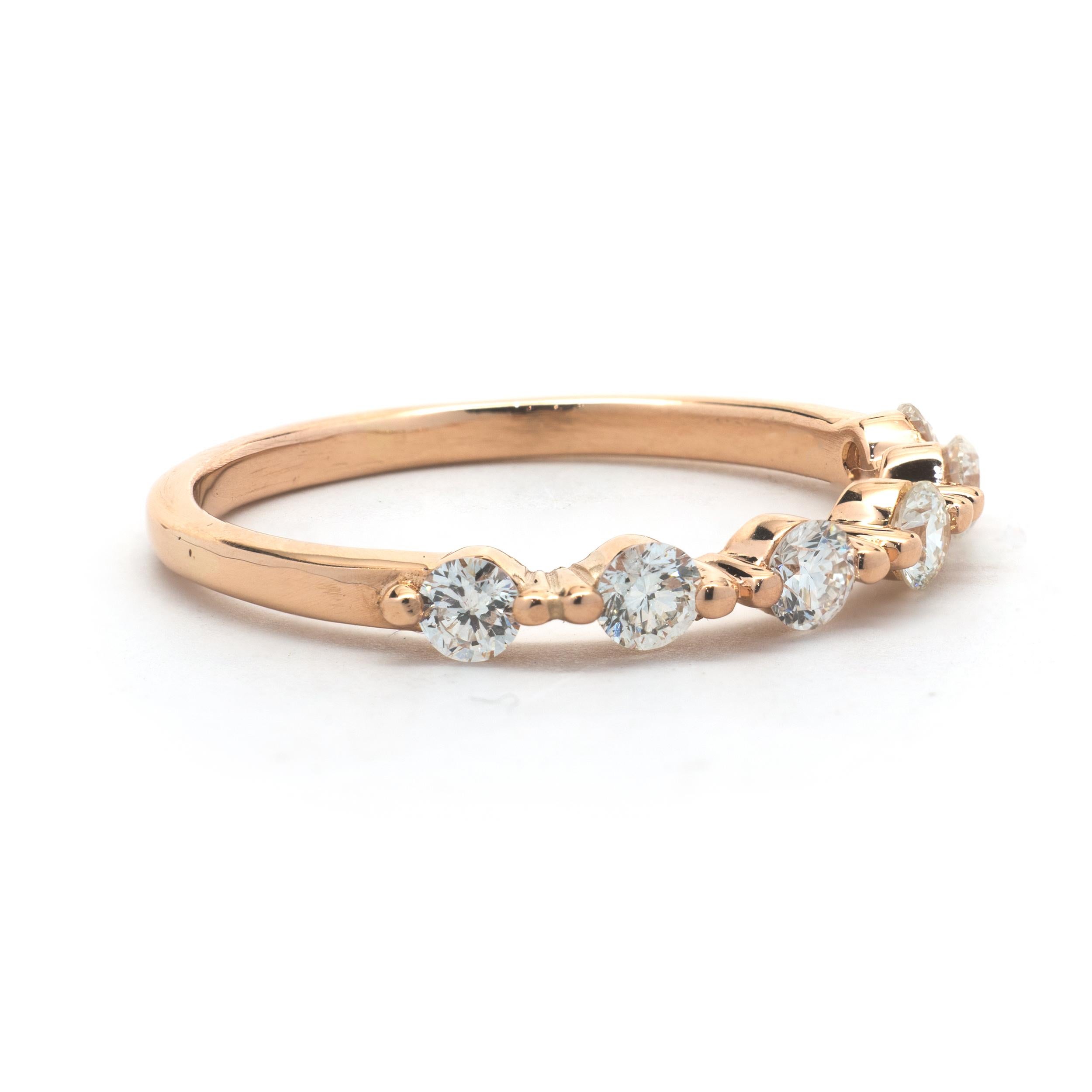 Designer: Custom
Material: 14K rose gold
Diamonds: 6 round brilliant cut = .48cttw
Color: G
Clarity: VS2
Size: 6.5 (please allow for two additional days for complimentary sizing)
Dimensions: ring measures 2.8mm in width
Weight: 1.98 grams
