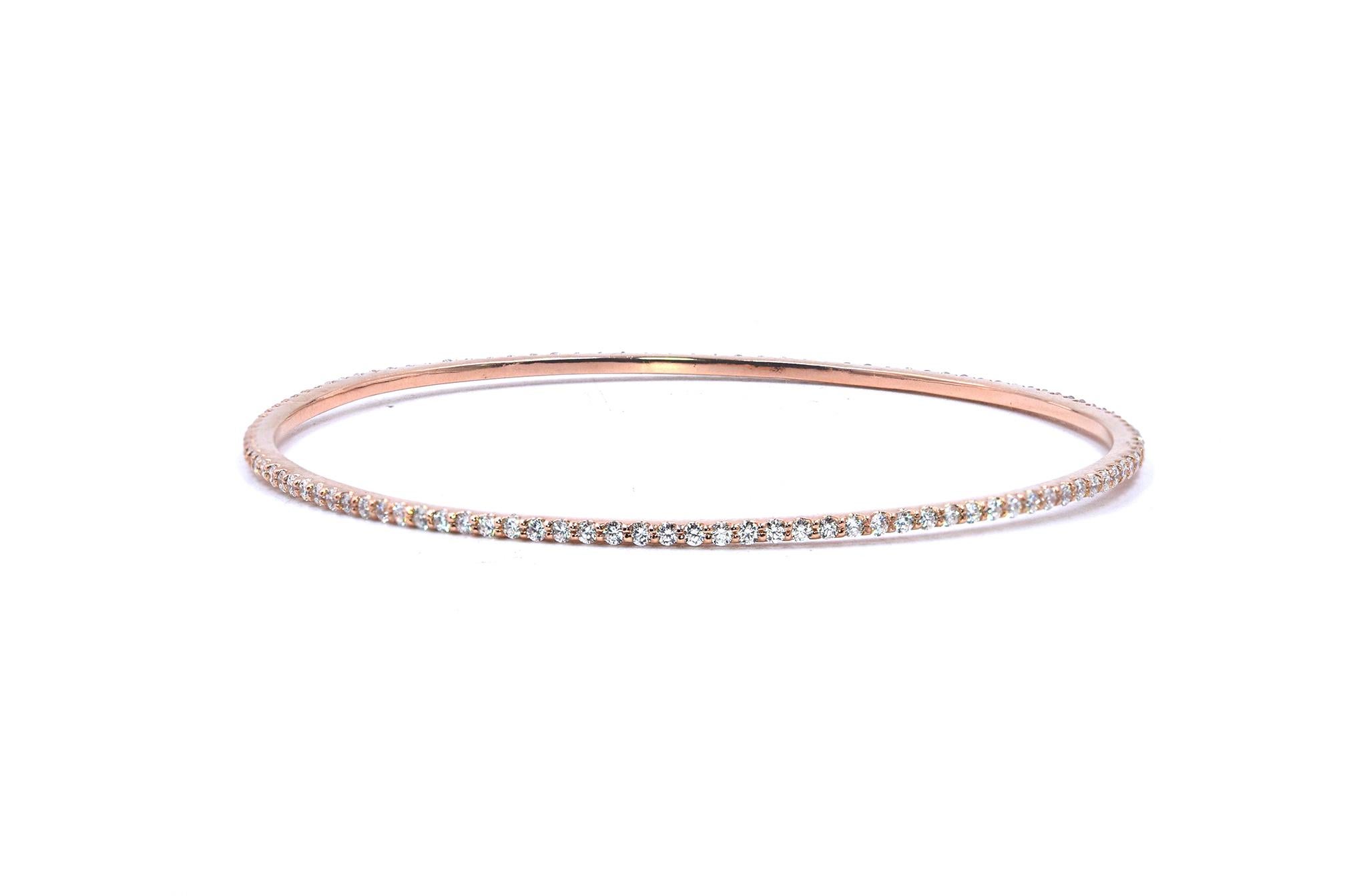 Round Cut 14 Karat Rose Gold Diamond Bangle Bracelet