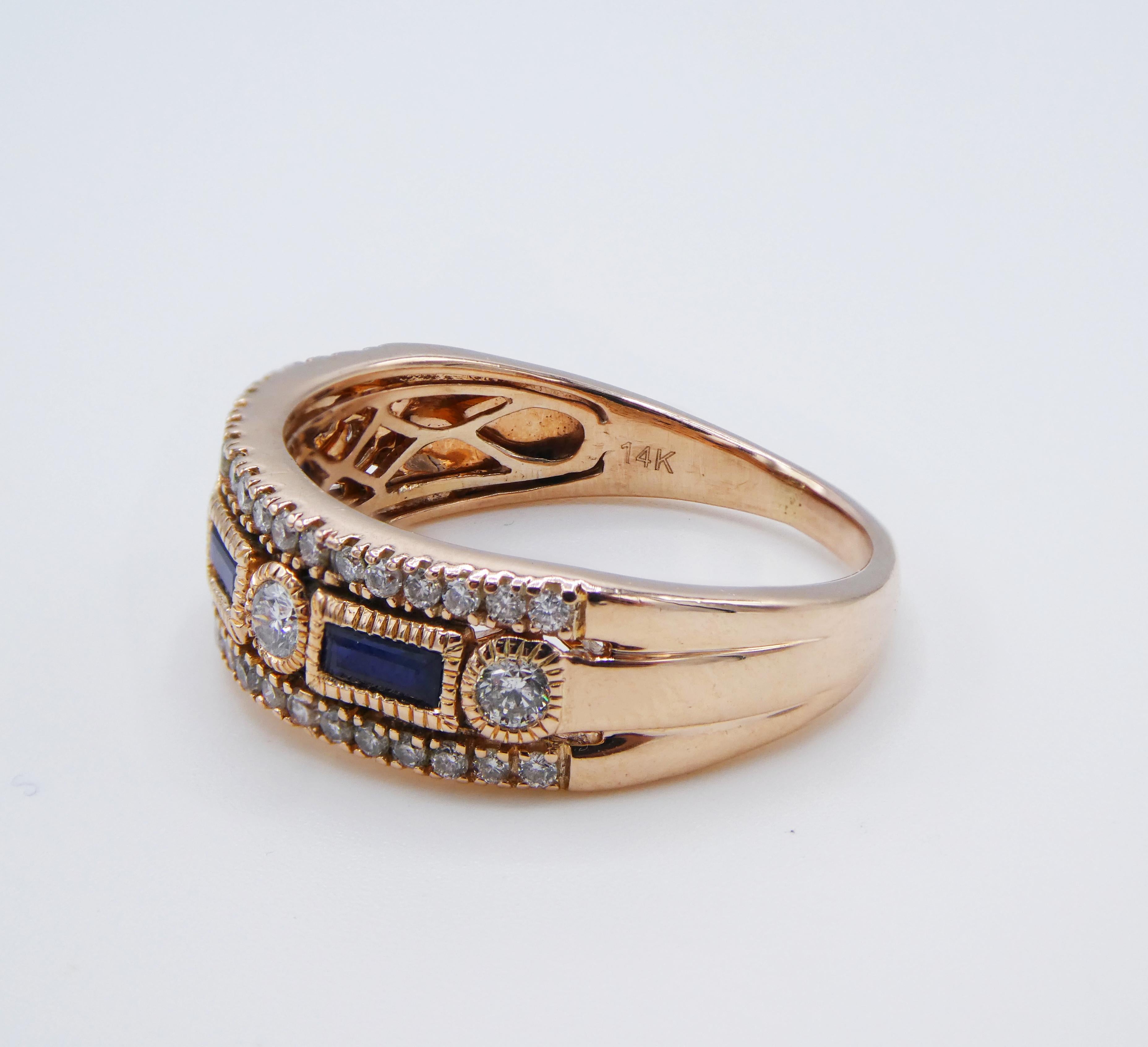 Modern 14 Karat Rose Gold Diamond and Blue Sapphire Band Ring