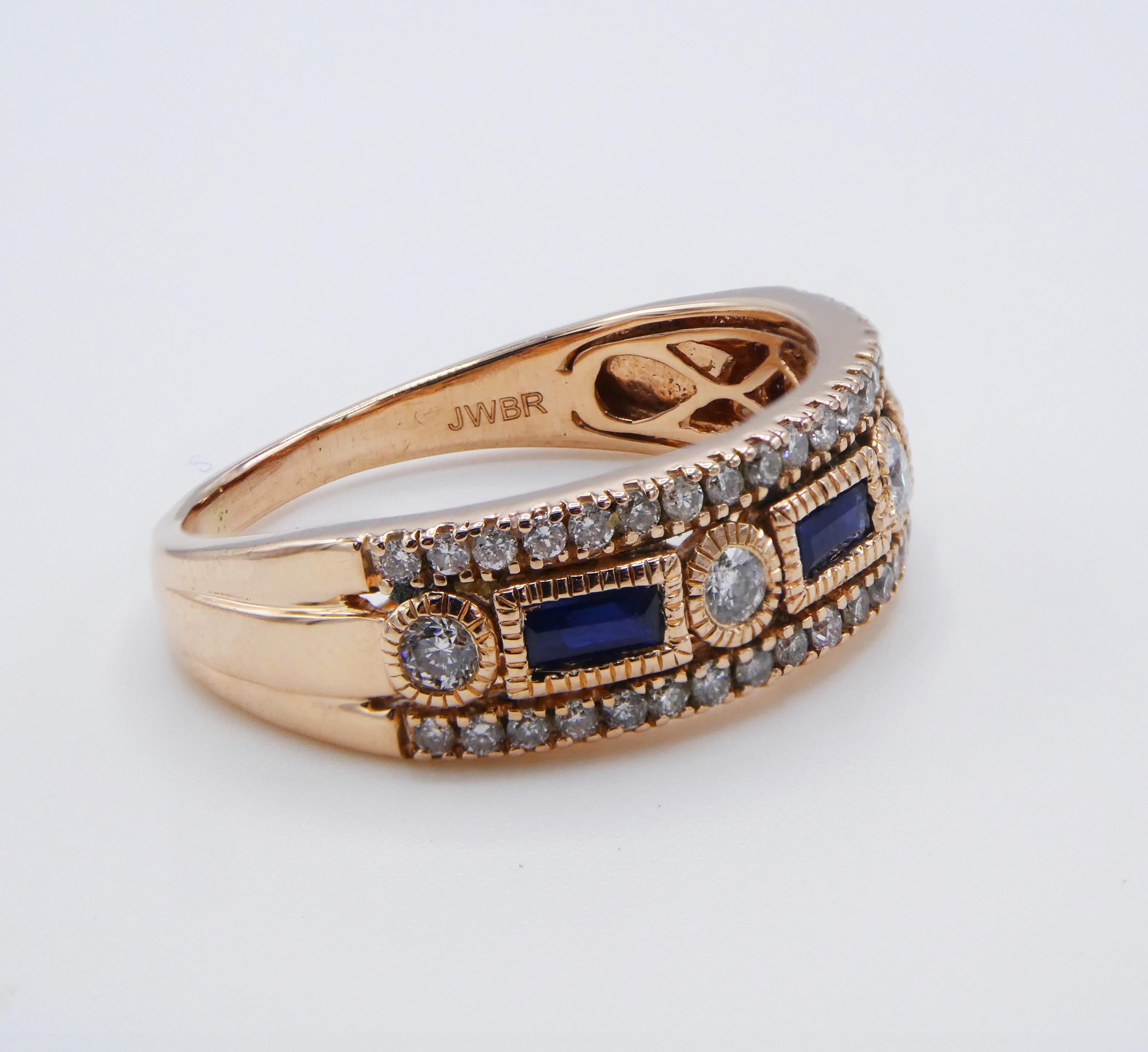 Round Cut 14 Karat Rose Gold Diamond and Blue Sapphire Band Ring