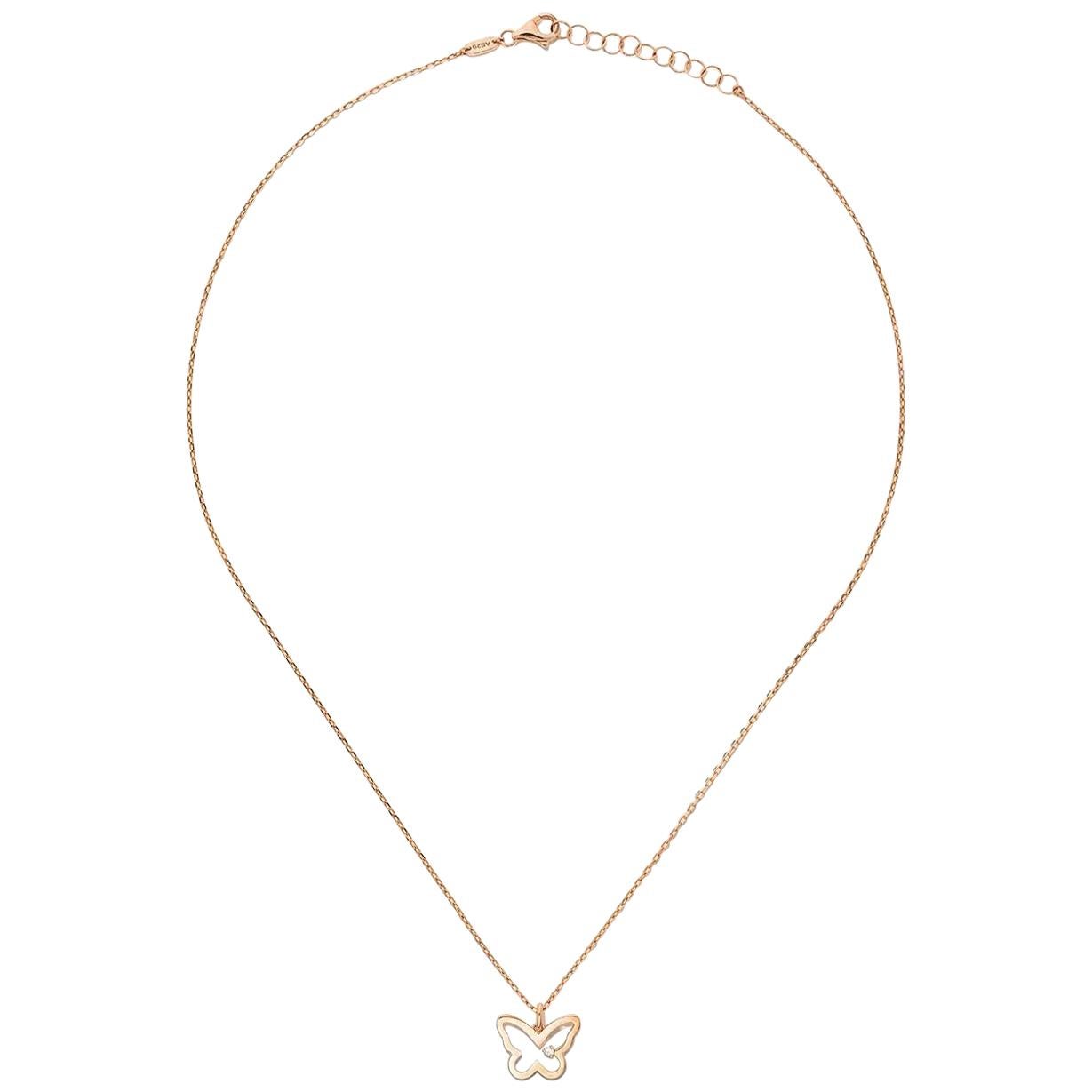 14 Karat Rose Gold Diamond Butterfly Necklace For Sale