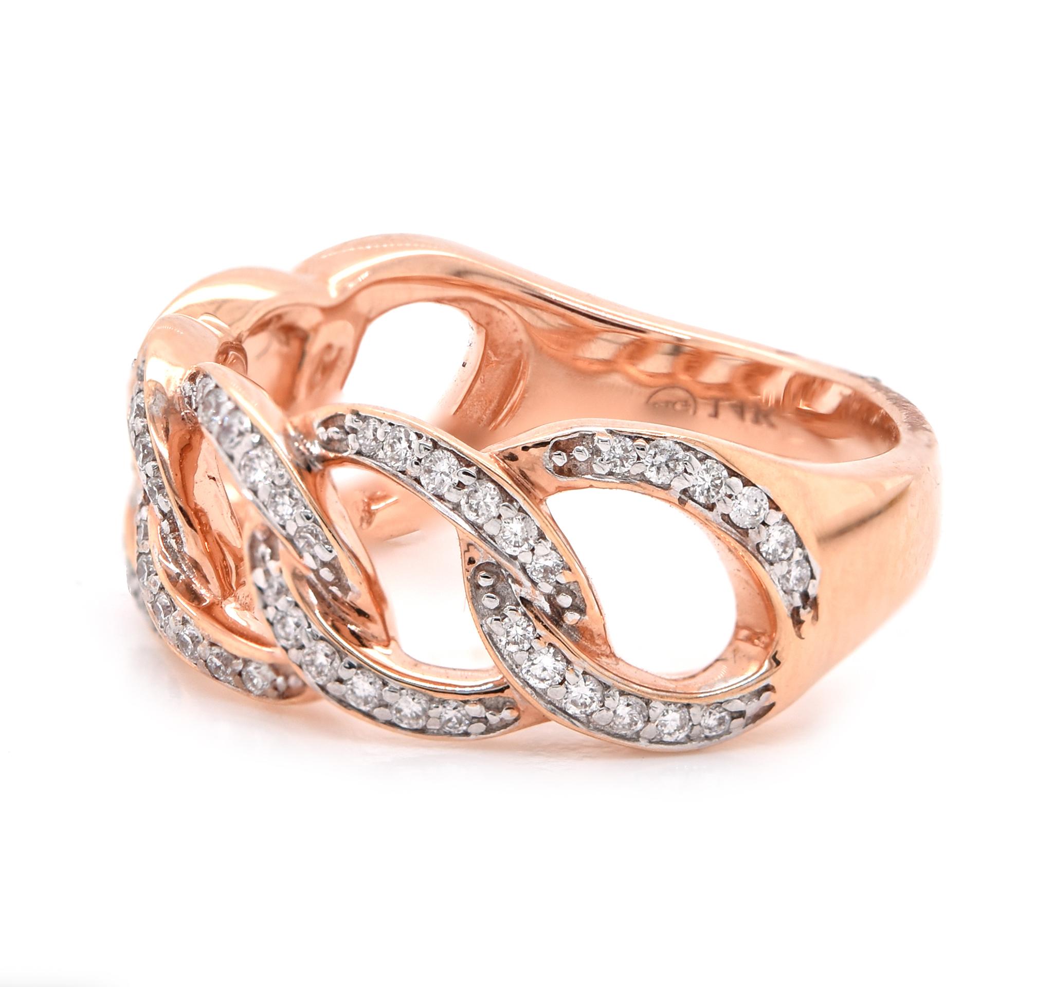 Designer: custom
Material: 14K rose gold
Diamonds: 72 round cut = 1.00cttw
Color: G
Clarity: VS2
Size: 6.5 (please allow two additional shipping days for sizing requests)  
Dimensions: ring measures 8.14mm in width
Weight: 5.62 grams
