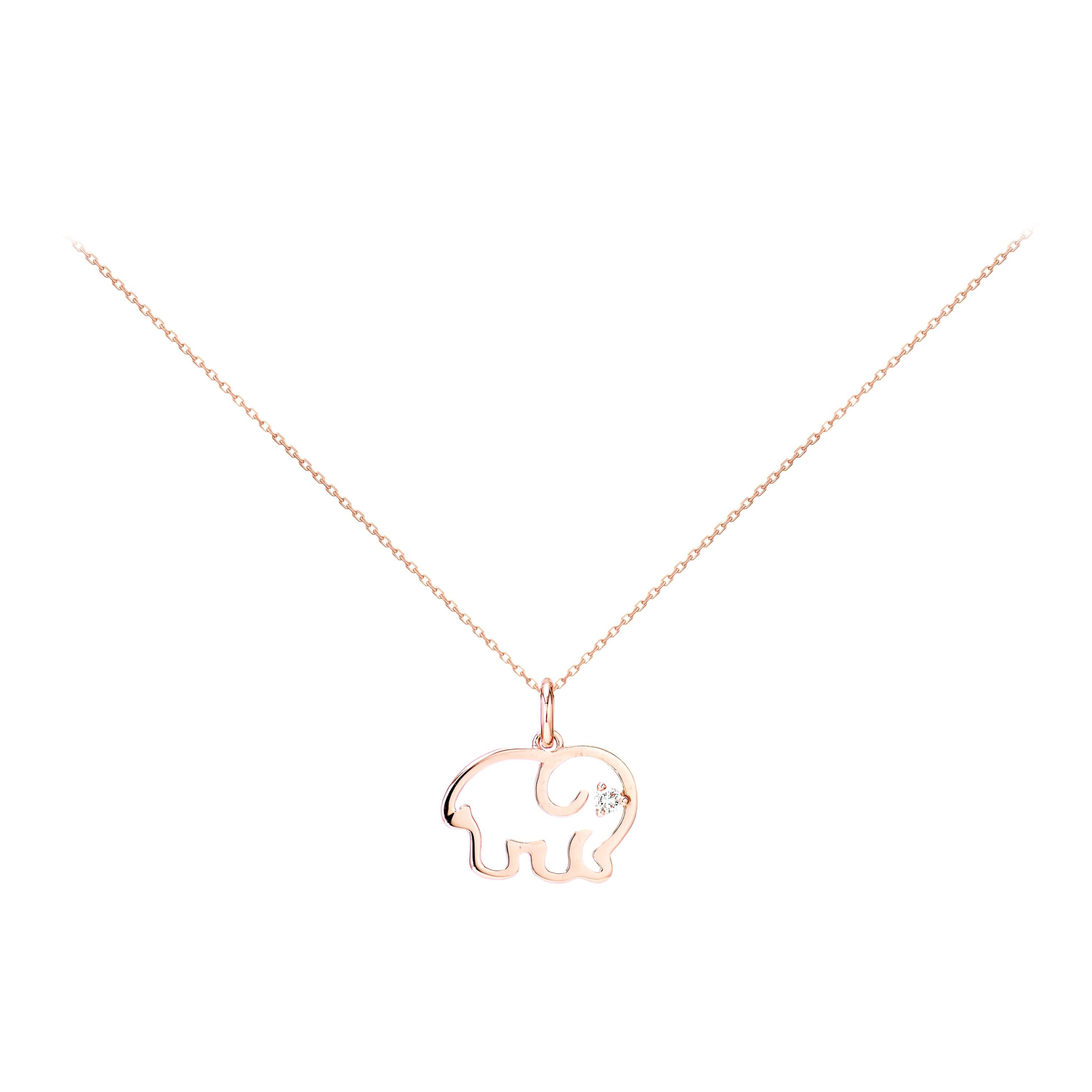 14 Karat Rose Gold Diamond Elephant Necklace For Sale