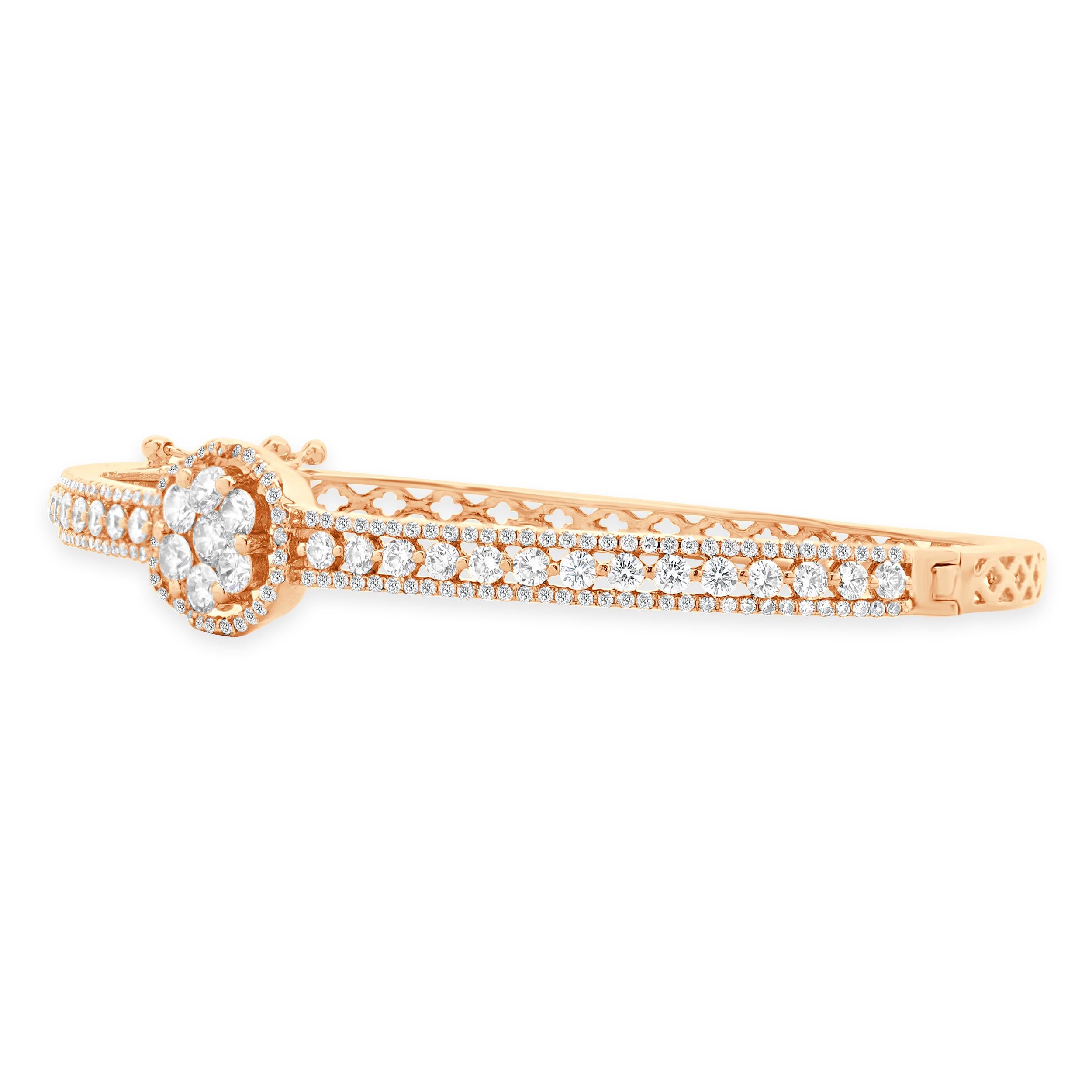 Designer: custom
Material: 14K rose gold
Diamond: 193 round brilliant cut = 1.90cttw
Color: G
Clarity: SI2-I1
Dimensions: bracelet will fit up to a 6.5-inch wrist
Weight: 10.36 grams
