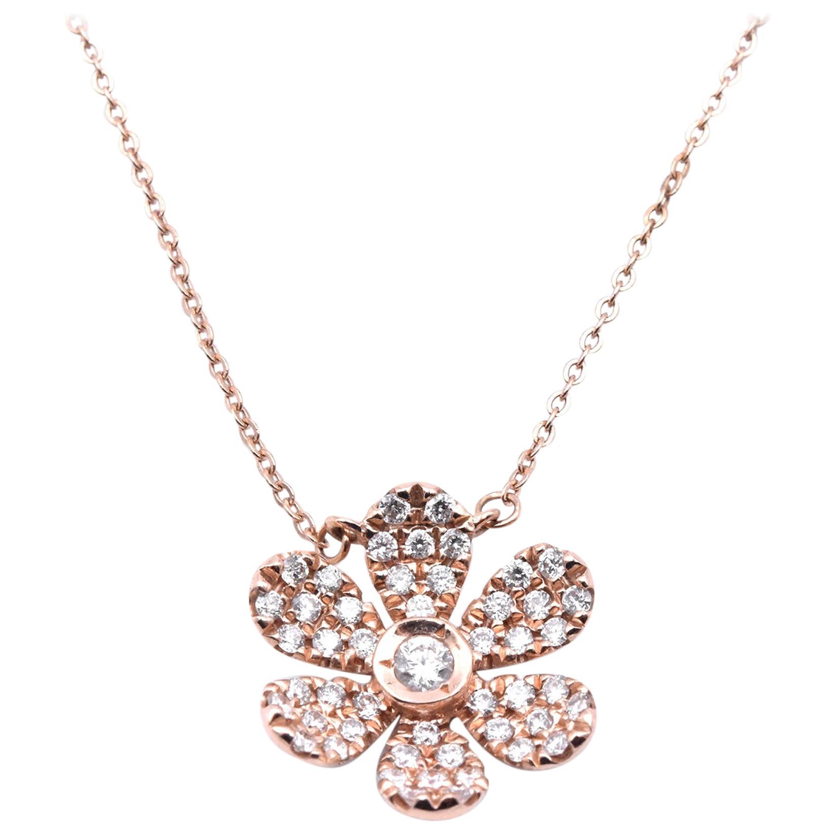 14 Karat Rose Gold Diamond Flower Necklace