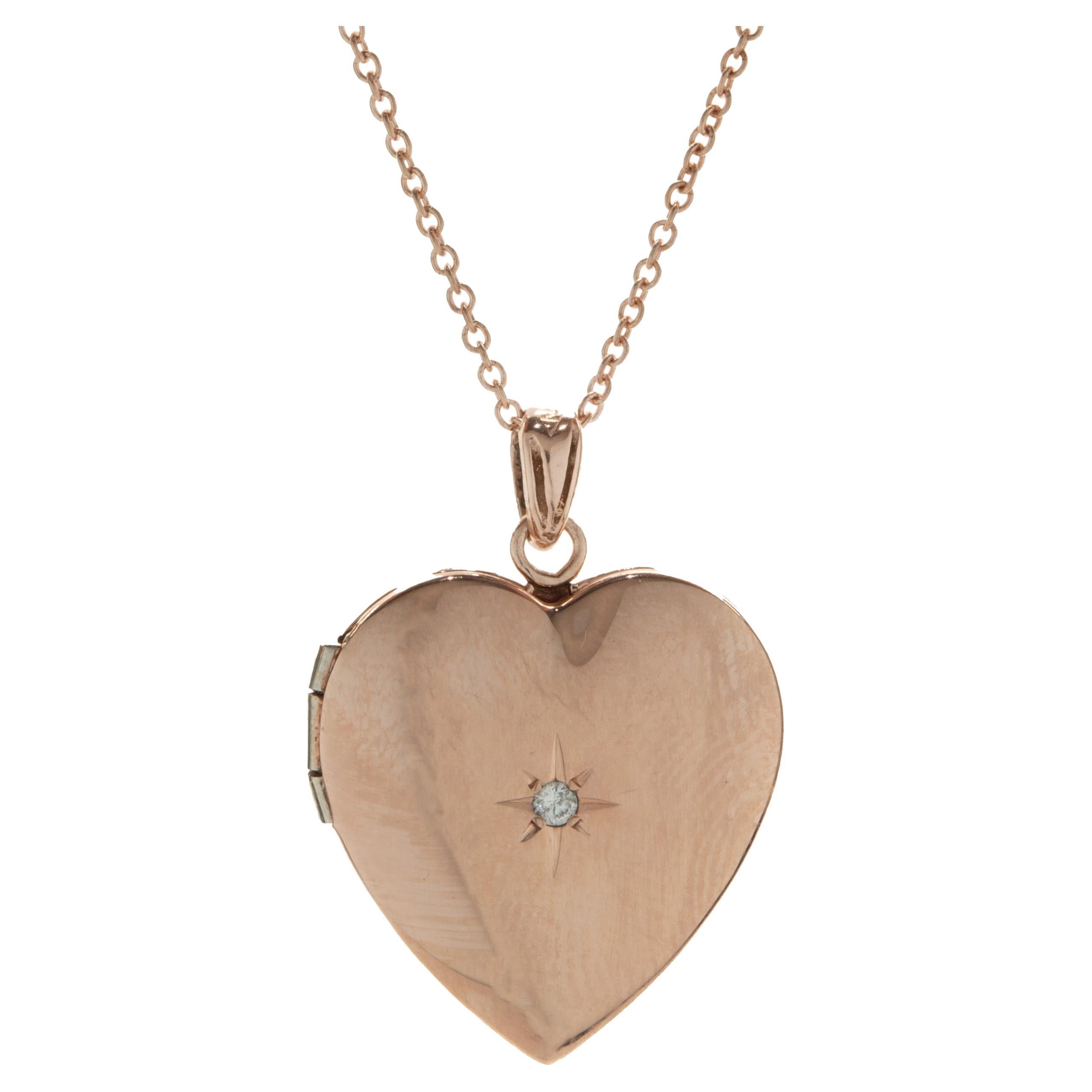 14 Karat Rose Gold Diamond Heart Locket Necklace For Sale