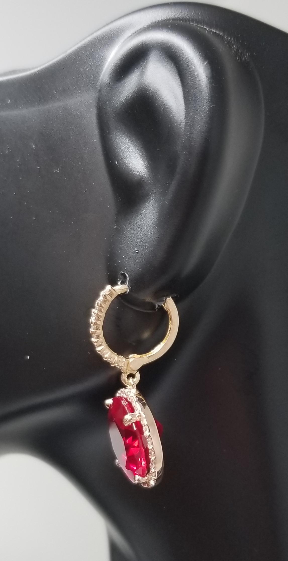 Contemporary 14 Karat Rose Gold Diamond Hoop with Synthetic Ruby Earrings
