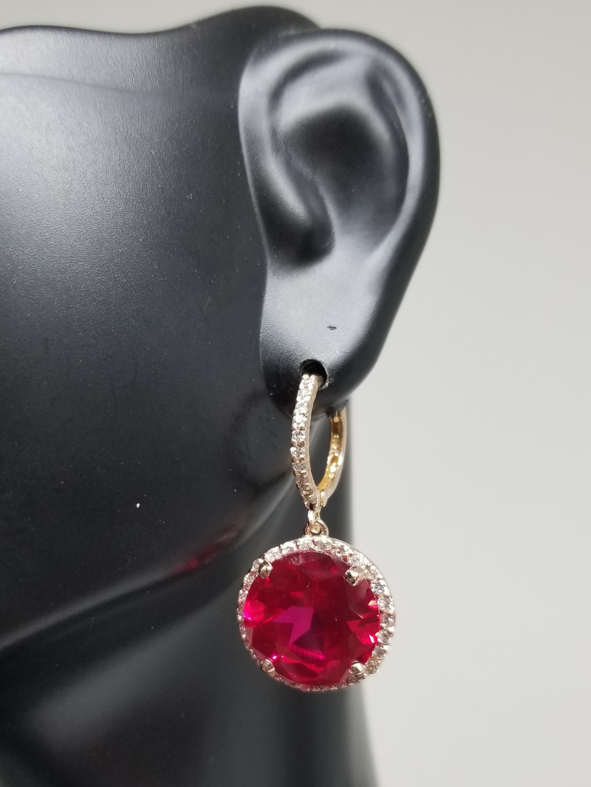 Round Cut 14 Karat Rose Gold Diamond Hoop with Synthetic Ruby Earrings