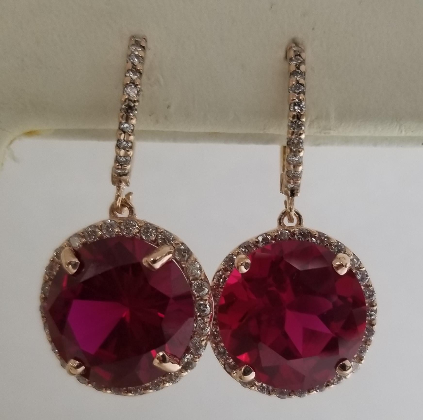 14 Karat Rose Gold Diamond Hoop with Synthetic Ruby Earrings In New Condition In Los Angeles, CA