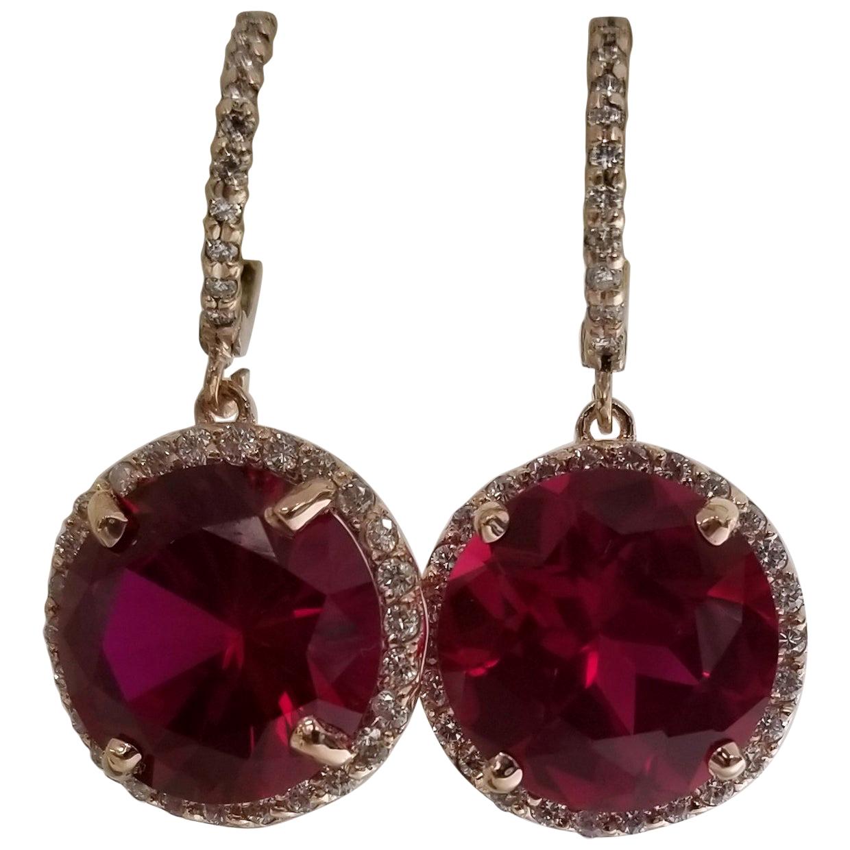 14 Karat Rose Gold Diamond Hoop with Synthetic Ruby Earrings