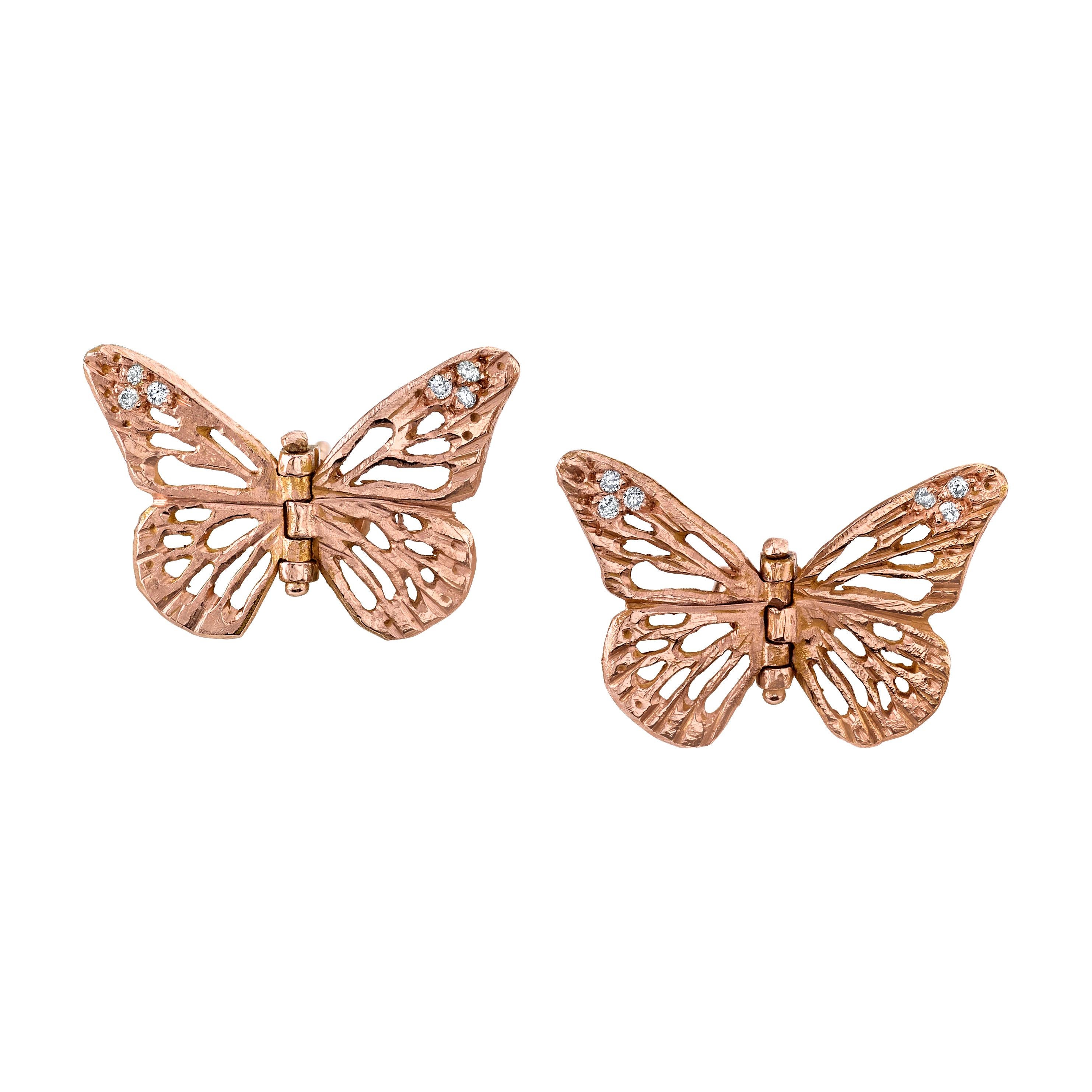 14 Karat Rose Gold Diamond Lace Monarch Hinge Butterfly Earrings  For Sale