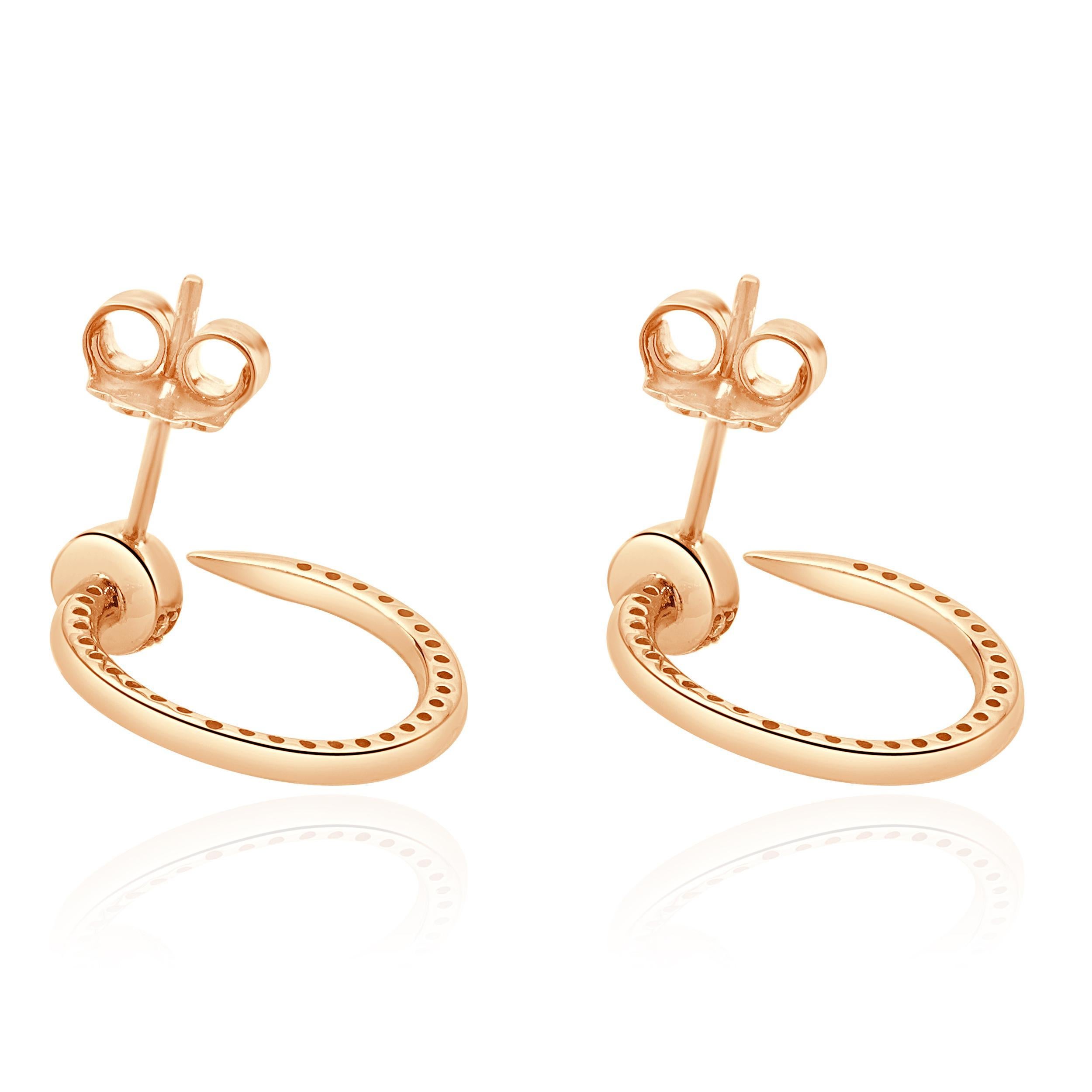 Designer: custom design
Material: 14K rose gold
Diamonds: round brilliant cut = 0.40cttw
Color: H
Clarity: SI1
Dimensions: earrings measure 19mm long
Weight: 3.87 grams