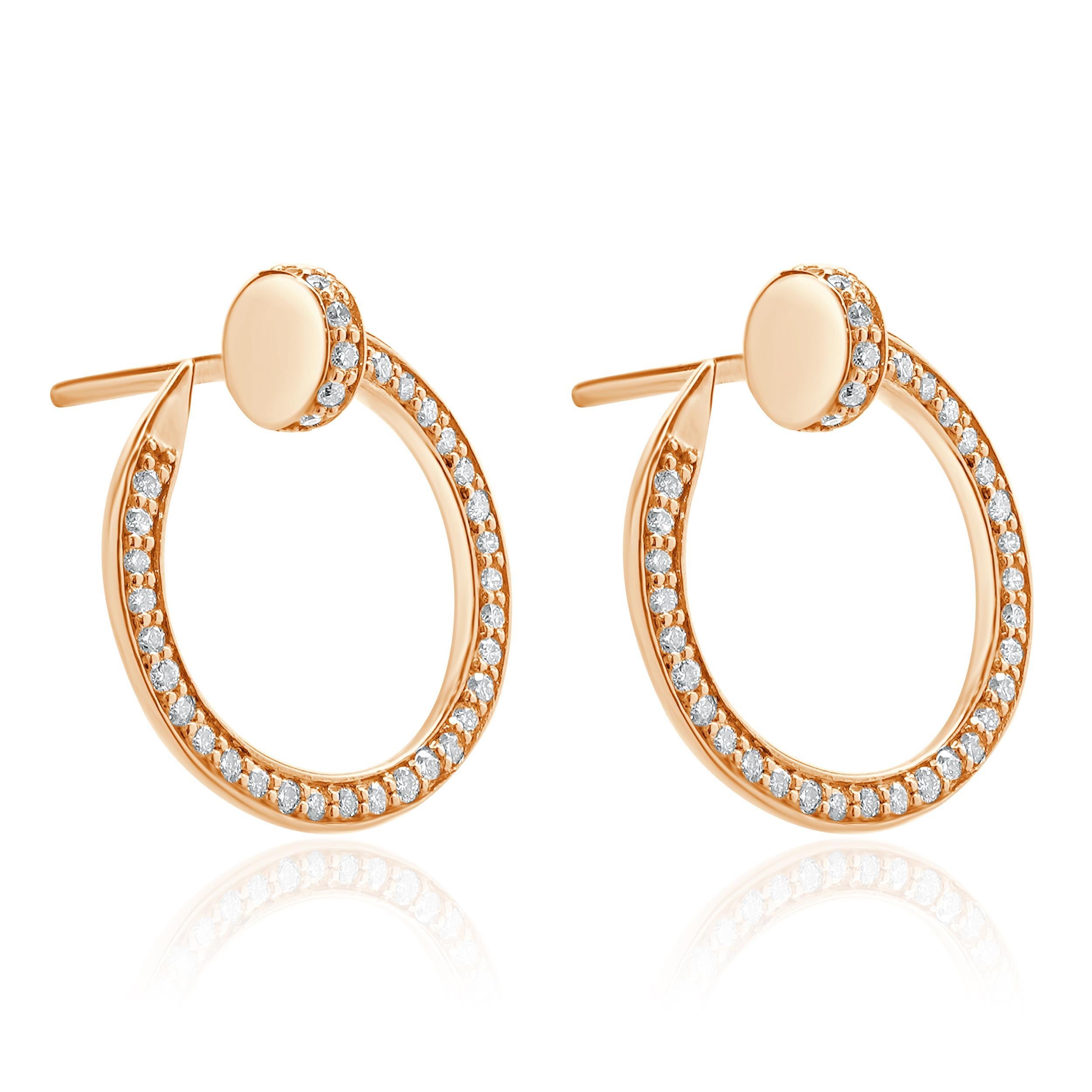 Round Cut 14 Karat Rose Gold Diamond Nail Loop Earrings