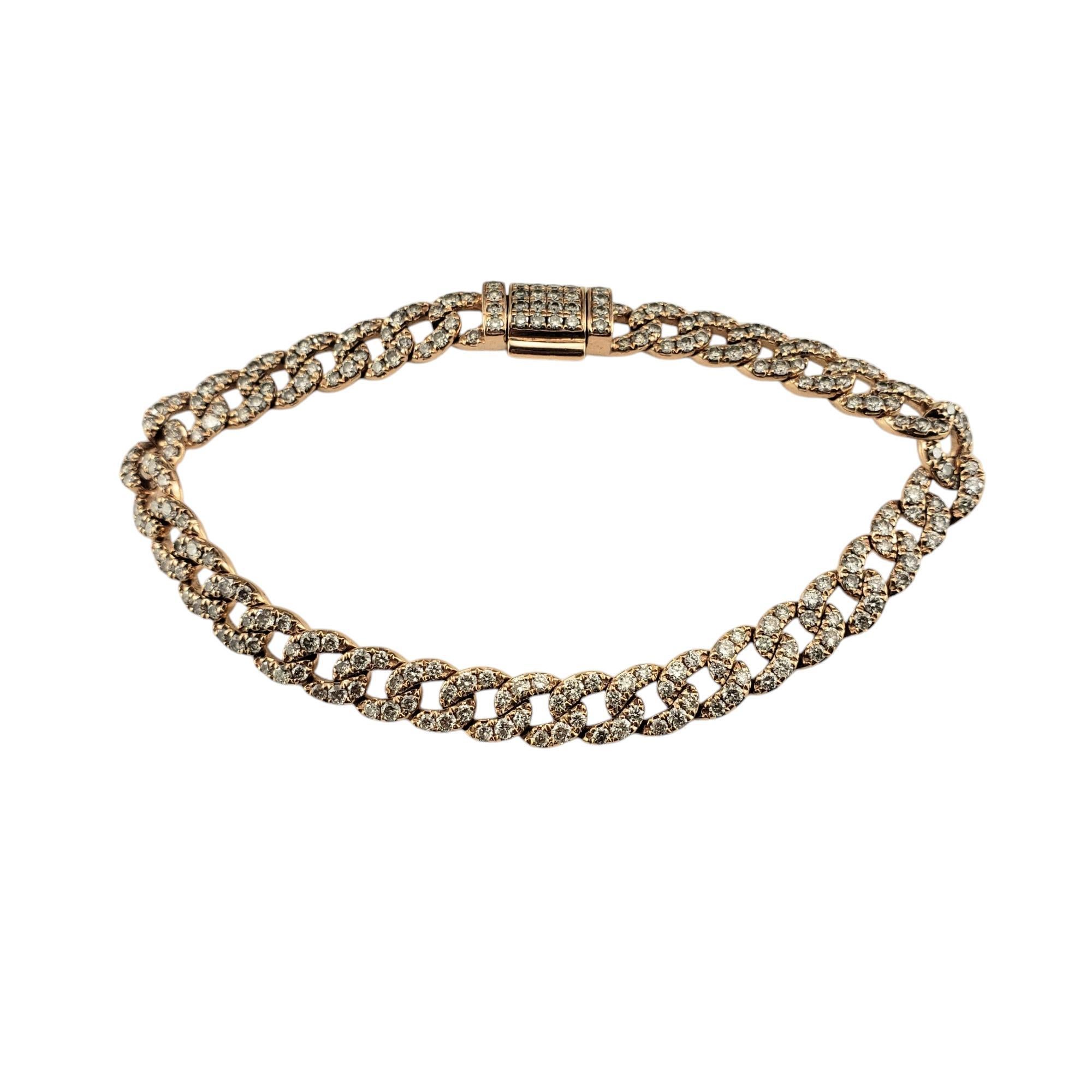 14 Karat Rose Gold Diamond Pave Curb Link Bracelet JAGi Certified-

This sparkling curb link bracelet features 230 round brilliant cut pave set diamonds in 14K rose gold.
Width: 6 mm.

Approximate total diamond weight: 3.77 ct.

Diamond color: