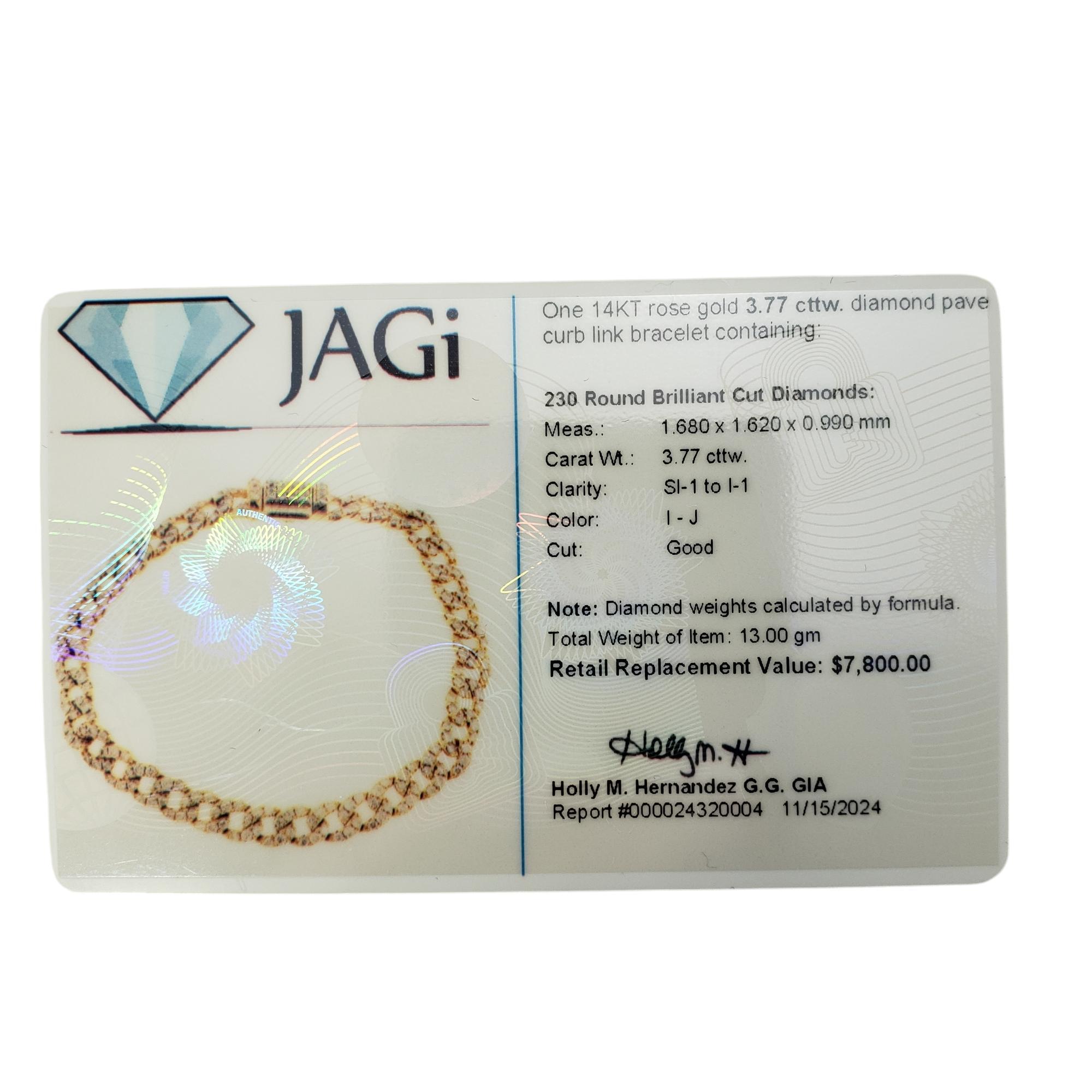 14 Karat Rose Gold Diamond Pave Curb Link Bracelet #19822 For Sale 3