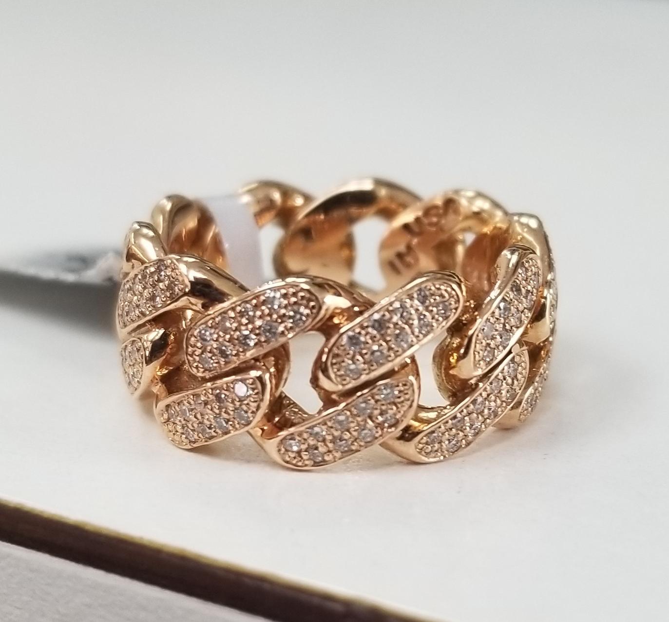 14 karat rose gold diamond pave' link ring, containing 180 round full cut diamonds of very fine quality weighing .69cts. ring size is 5 and is 5mm wide. The ring is a eternity ring, meaning diamonds all around.