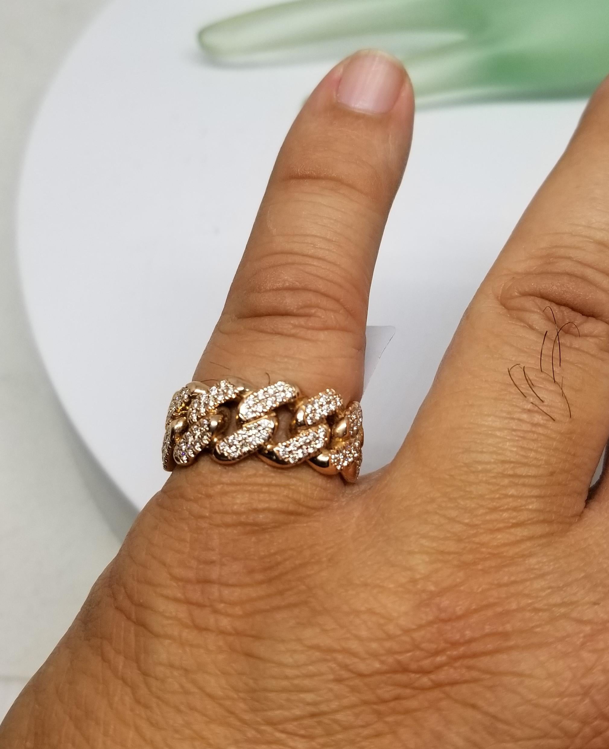 Women's or Men's 14 Karat Rose Gold Diamond Pave Link Ring