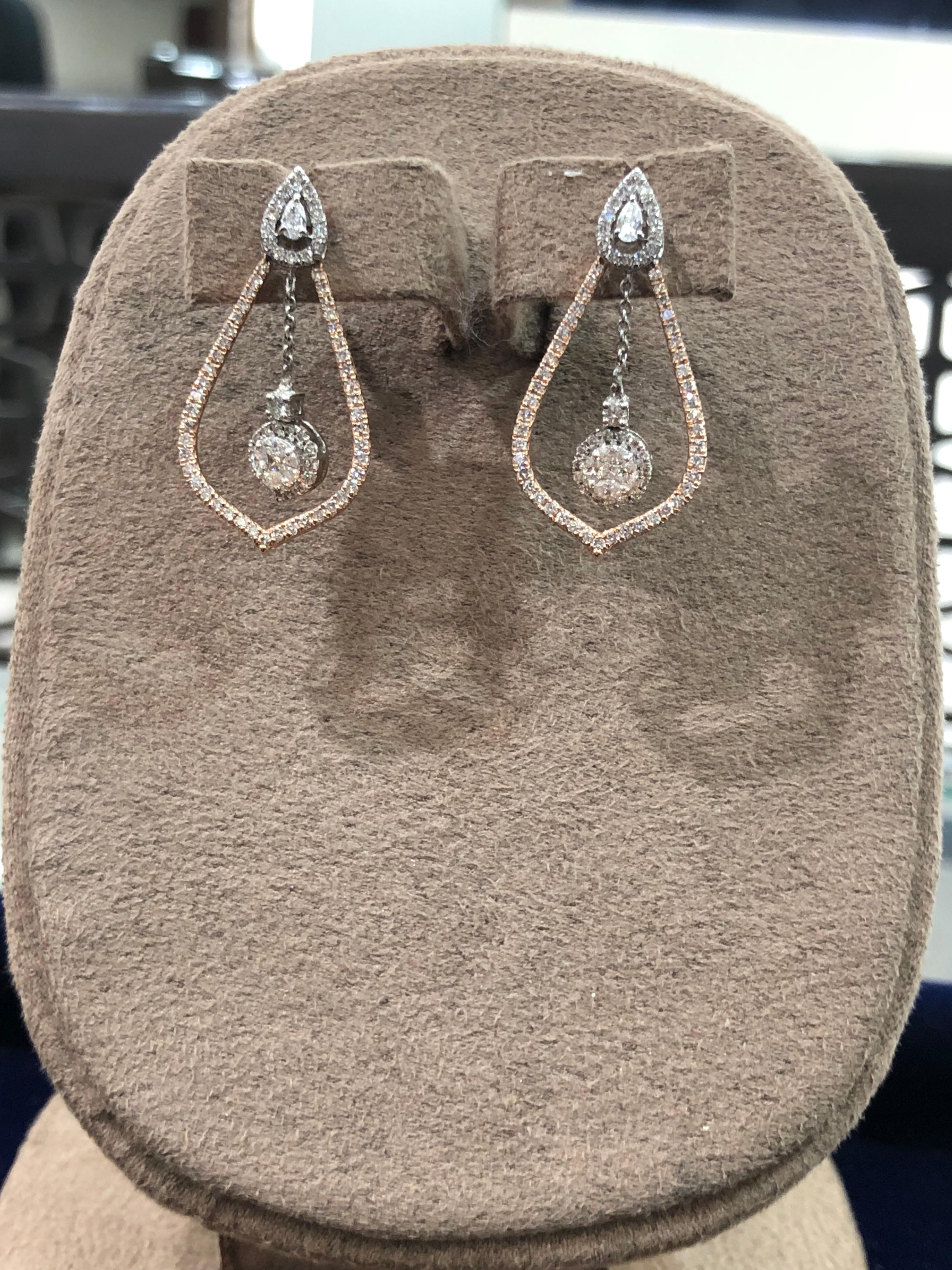 Contemporary Diamond 14k Rose Gold Dangling Earrings For Sale