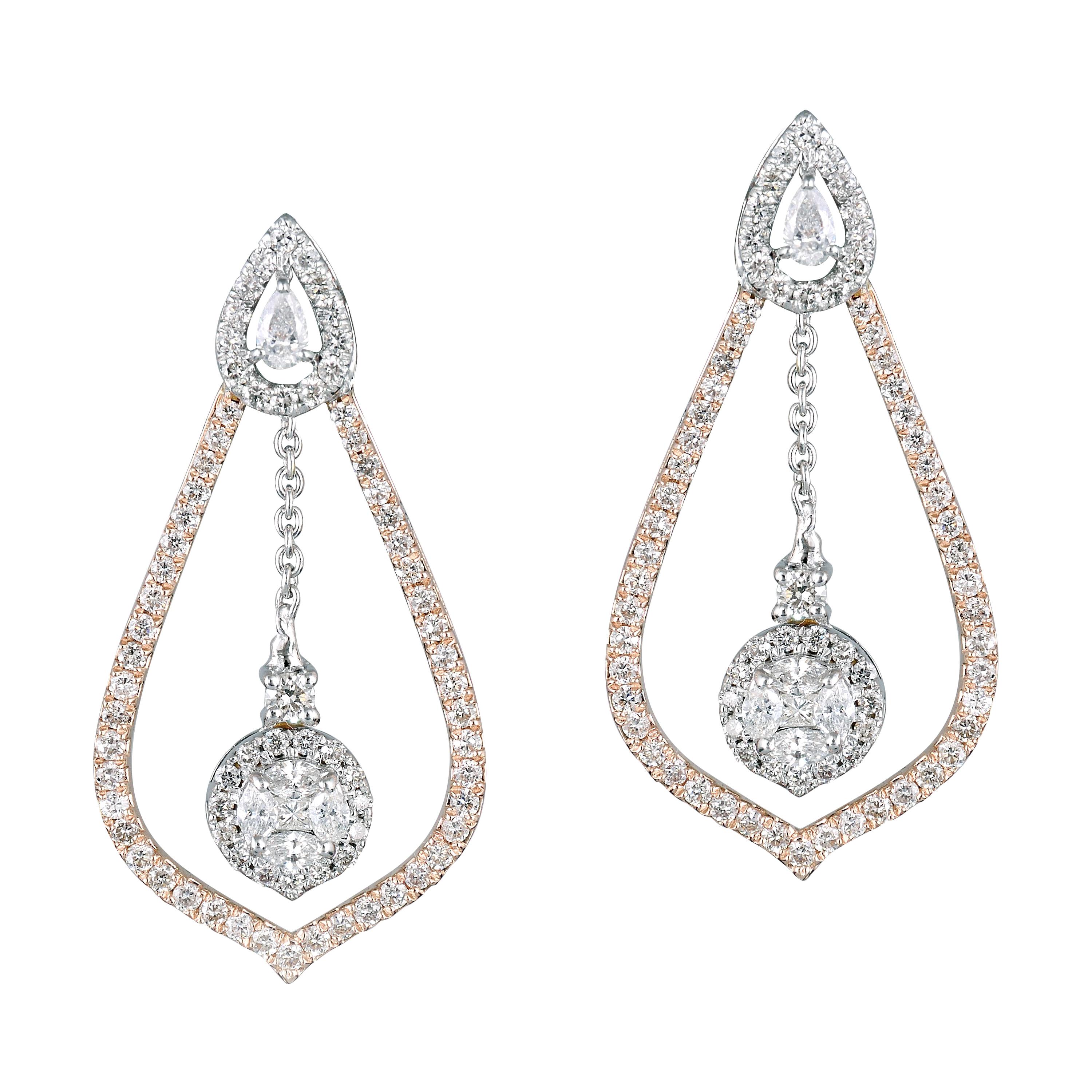 White Diamond Dangle Earrings in 14K Rose Gold For Sale at 1stDibs