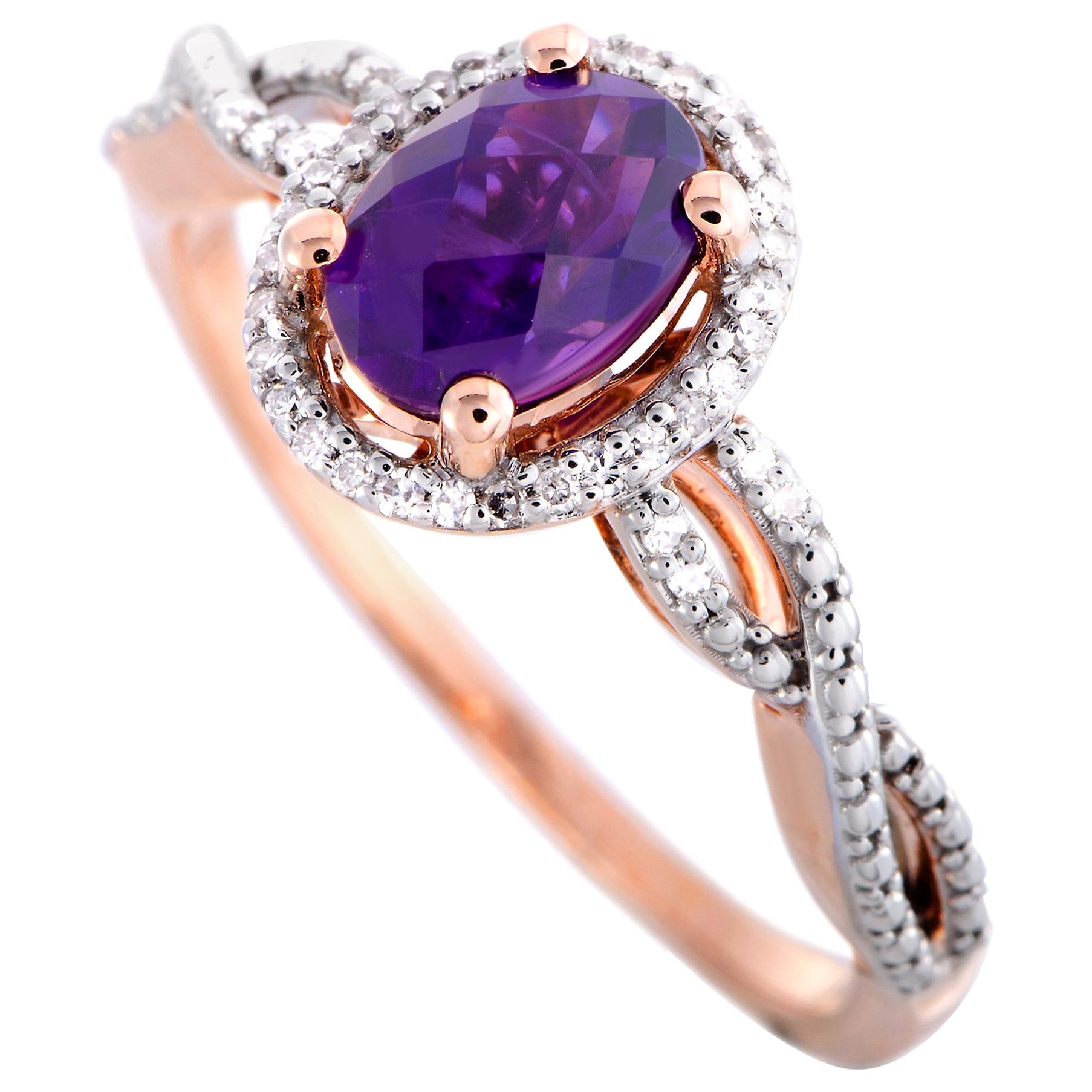 14 Karat Rose Gold Diamonds and Amethyst Oval Ring