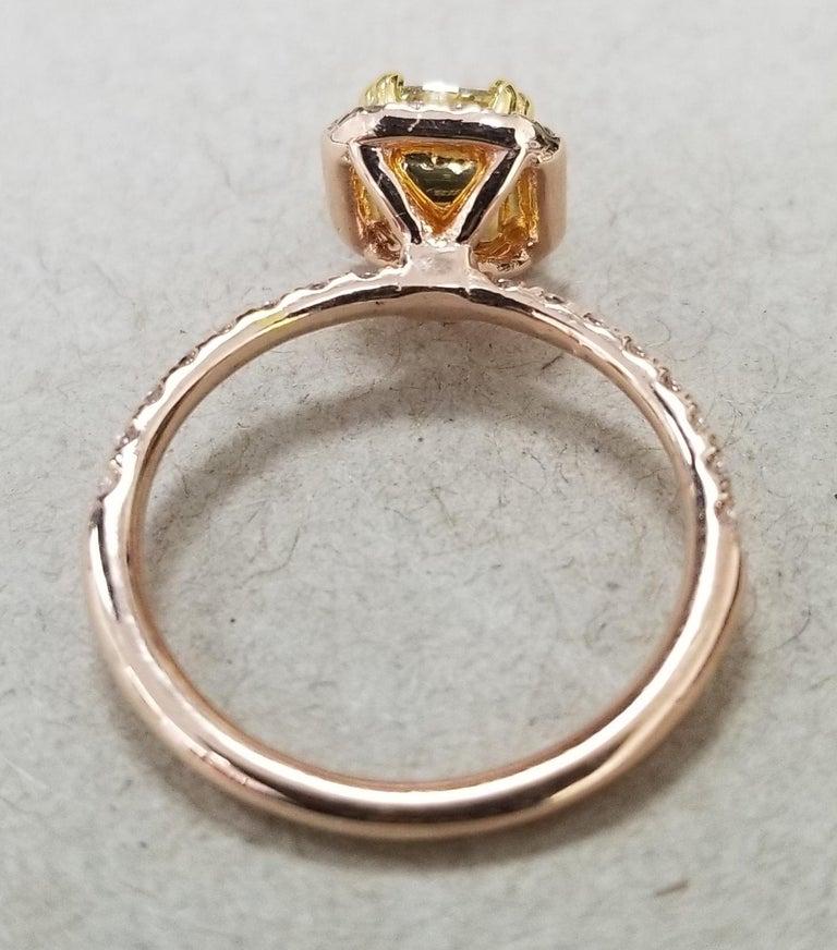 Contemporary 14 Karat Rose Gold EGL .93pts, Natural Light Yellow Diamond Halo Ring For Sale
