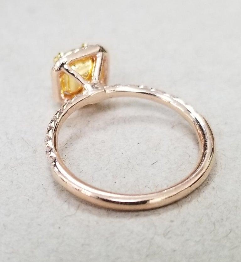 Cushion Cut 14 Karat Rose Gold EGL .93pts, Natural Light Yellow Diamond Halo Ring For Sale