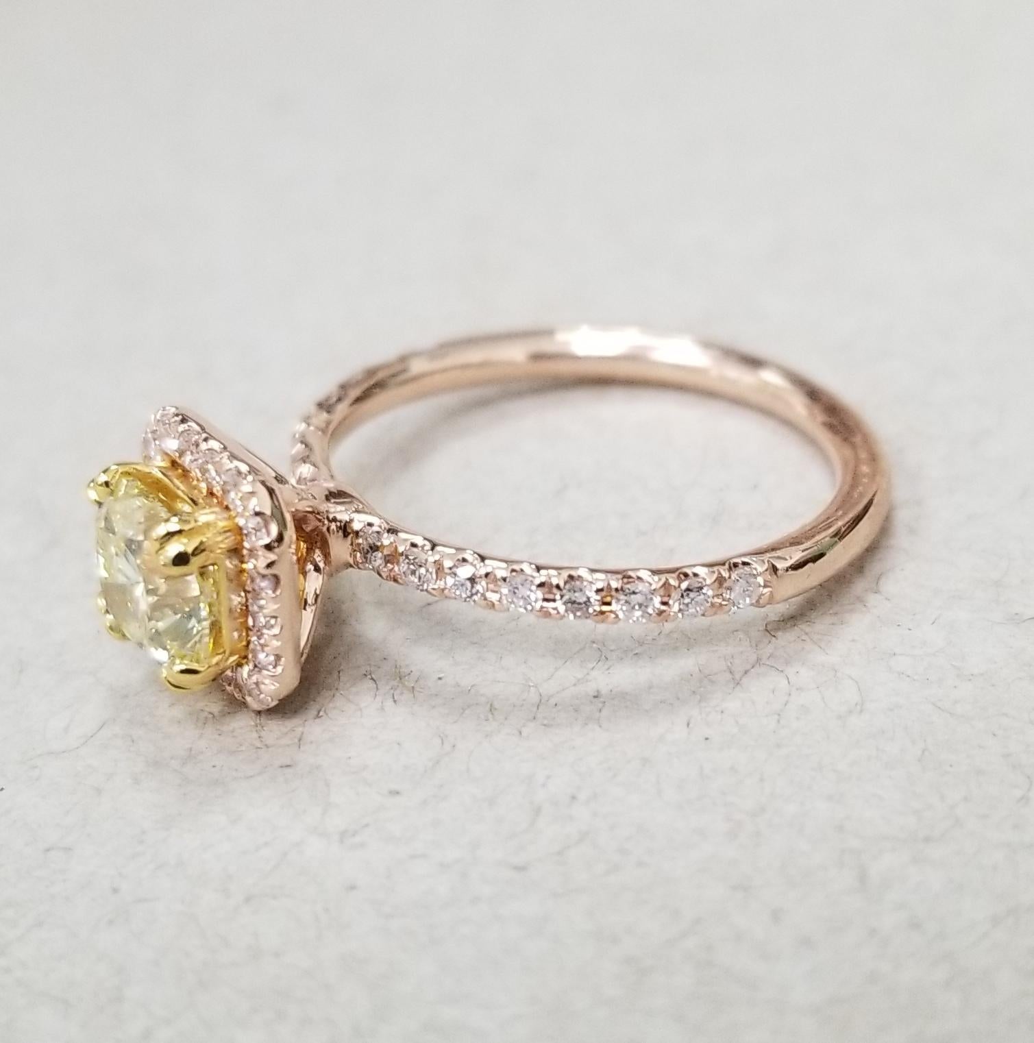 14 Karat Rose Gold EGL .93pts, Natural Light Yellow Diamond Halo Ring In New Condition In Los Angeles, CA