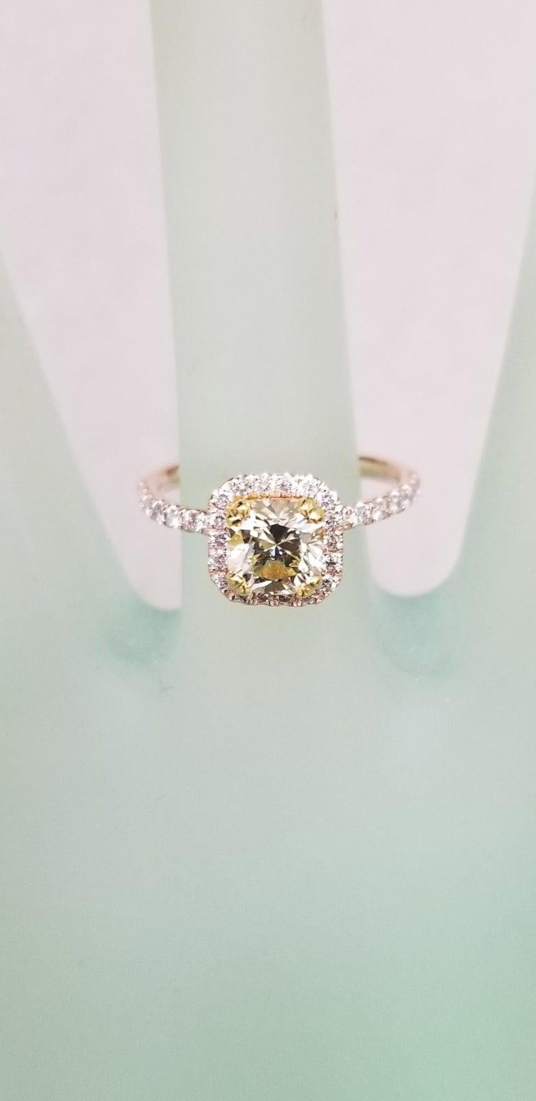 Women's or Men's 14 Karat Rose Gold EGL .93pts, Natural Light Yellow Diamond Halo Ring For Sale