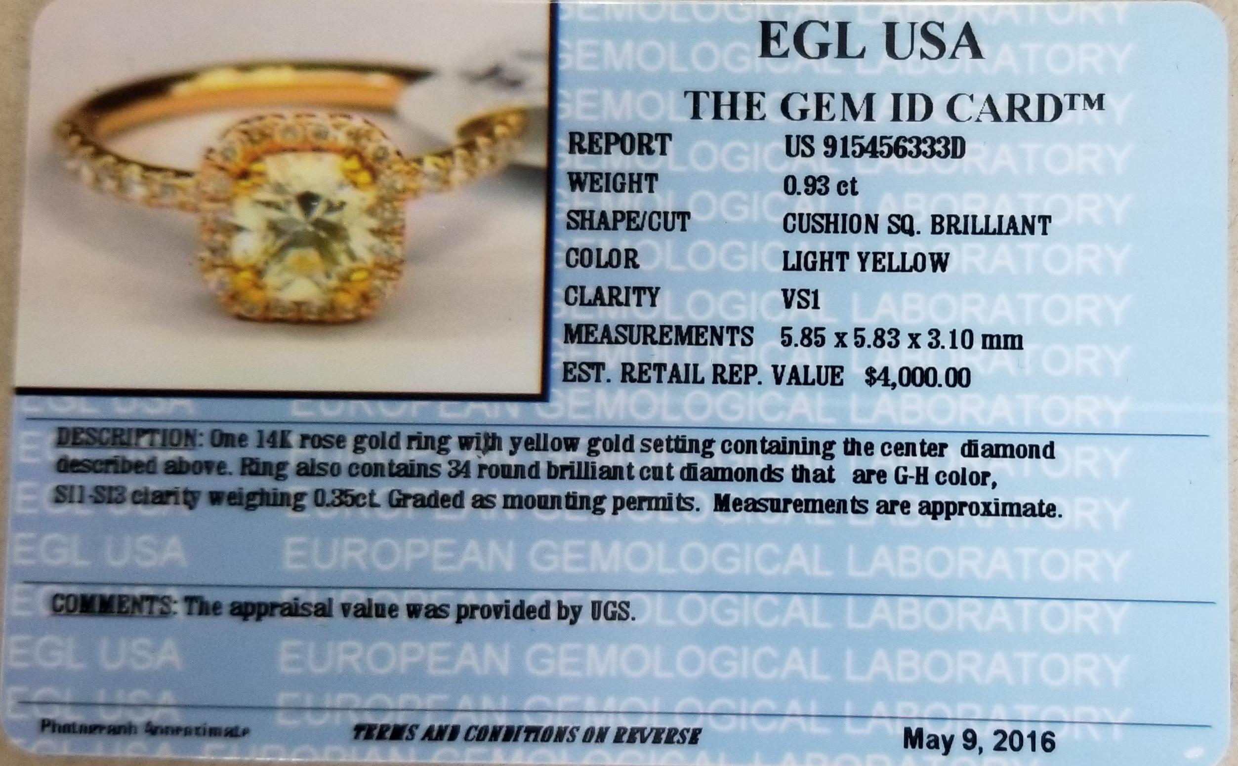 14 Karat Rose Gold EGL .93pts, Natural Light Yellow Diamond Halo Ring 2