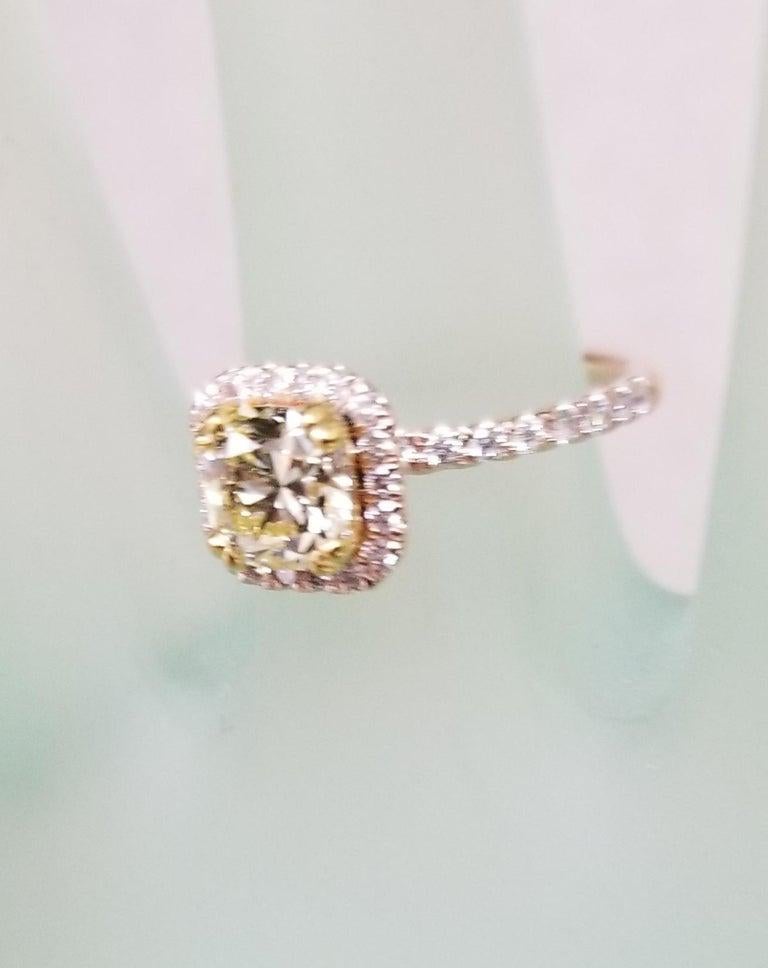 14 Karat Rose Gold EGL .93pts, Natural Light Yellow Diamond Halo Ring For Sale 2