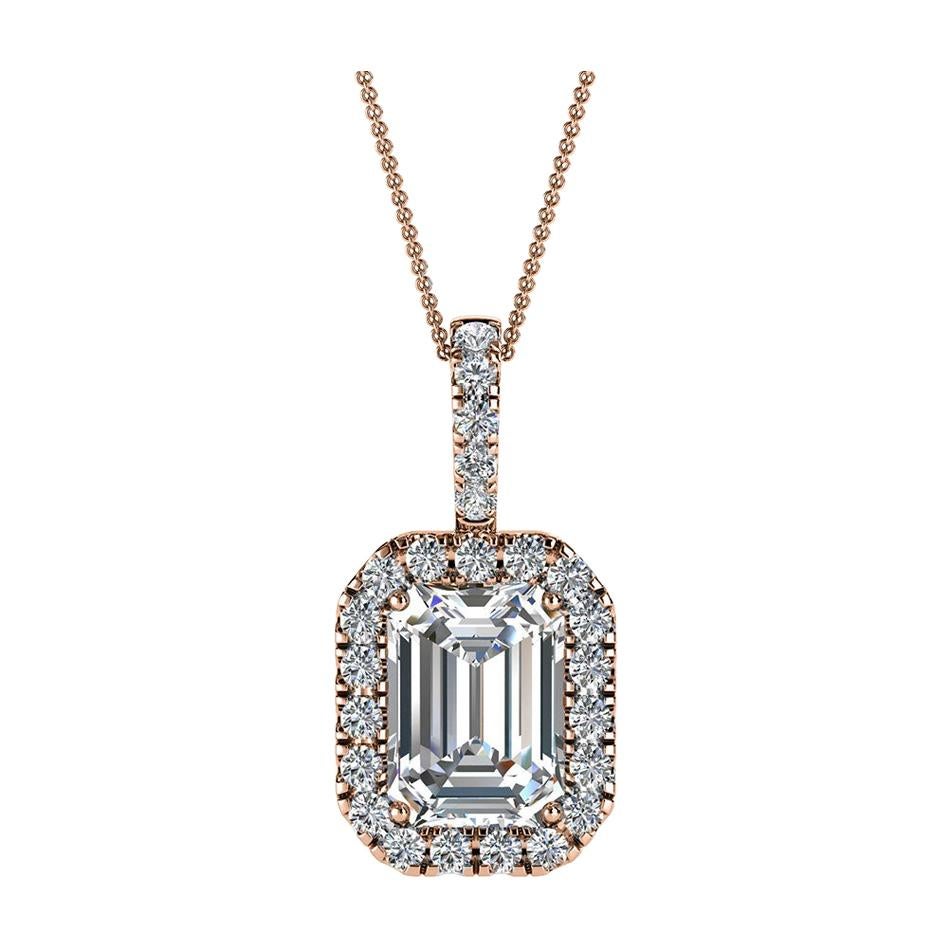 14 Karat Rose Gold Emerald Halo Diamond Pendant '3/4 Carat' For Sale