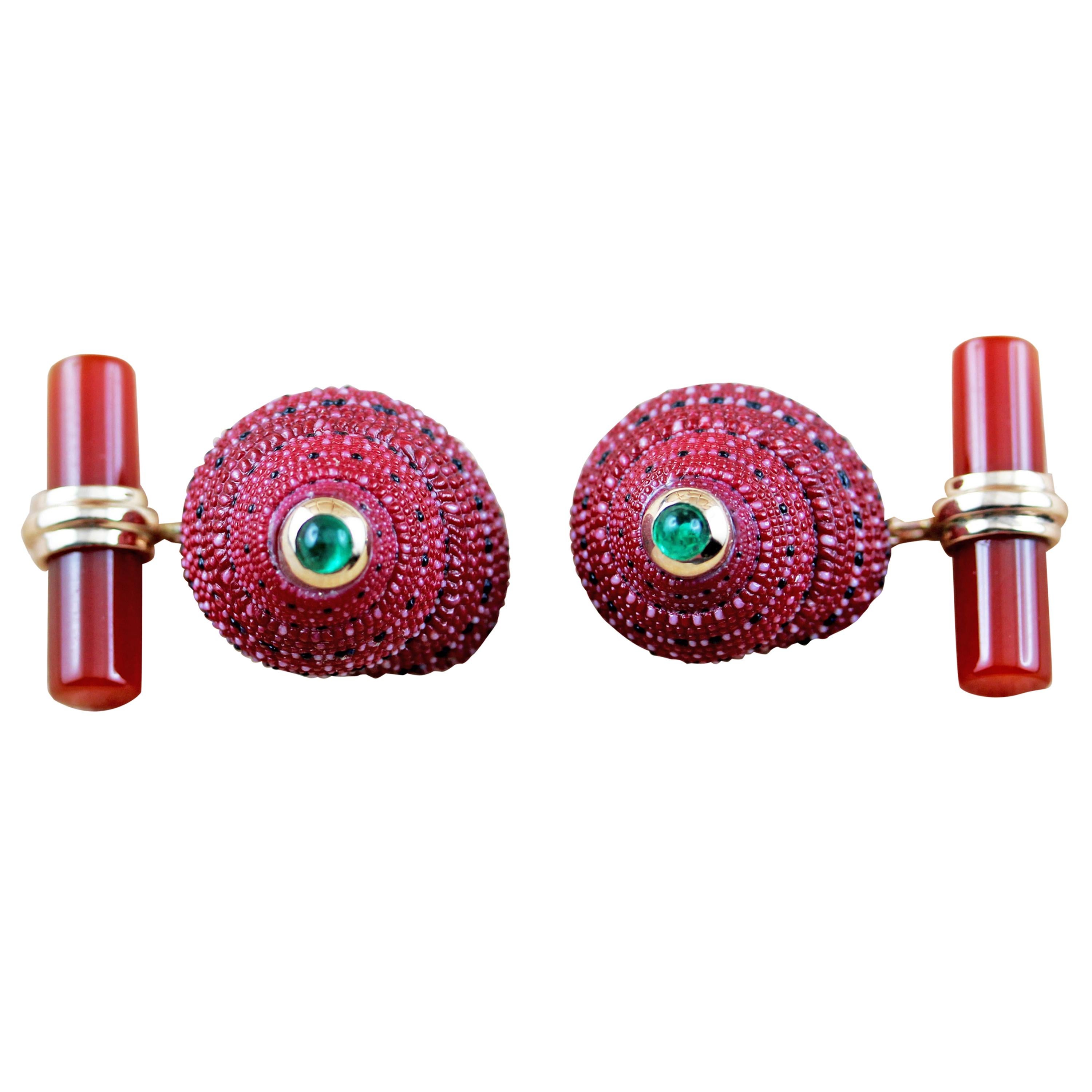 14 Karat Rose Gold Emeralds Red Shell Carnelian Cufflinks For Sale