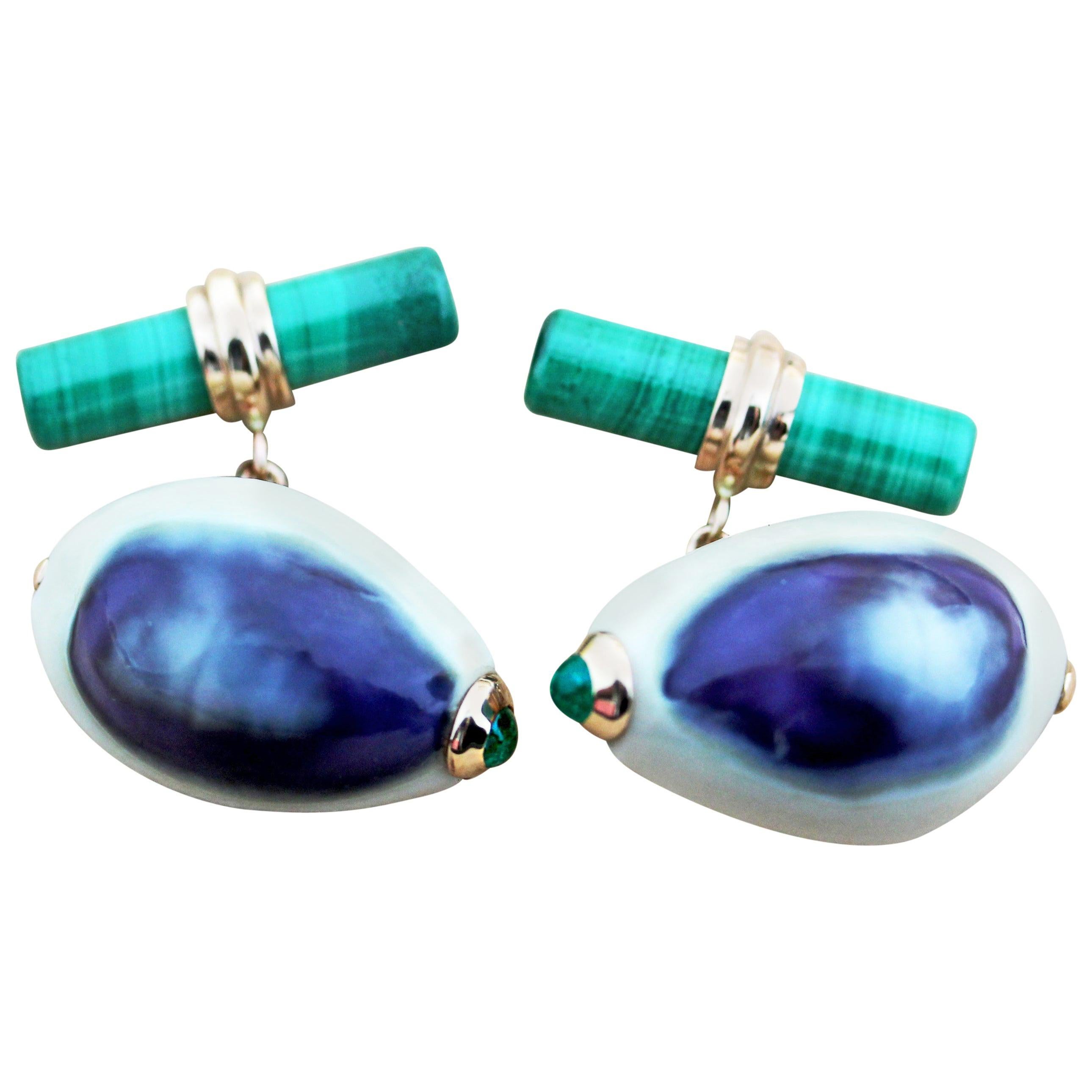 14 Karat Rose Gold Emeralds White Purple Shell Malachite Cufflinks For Sale