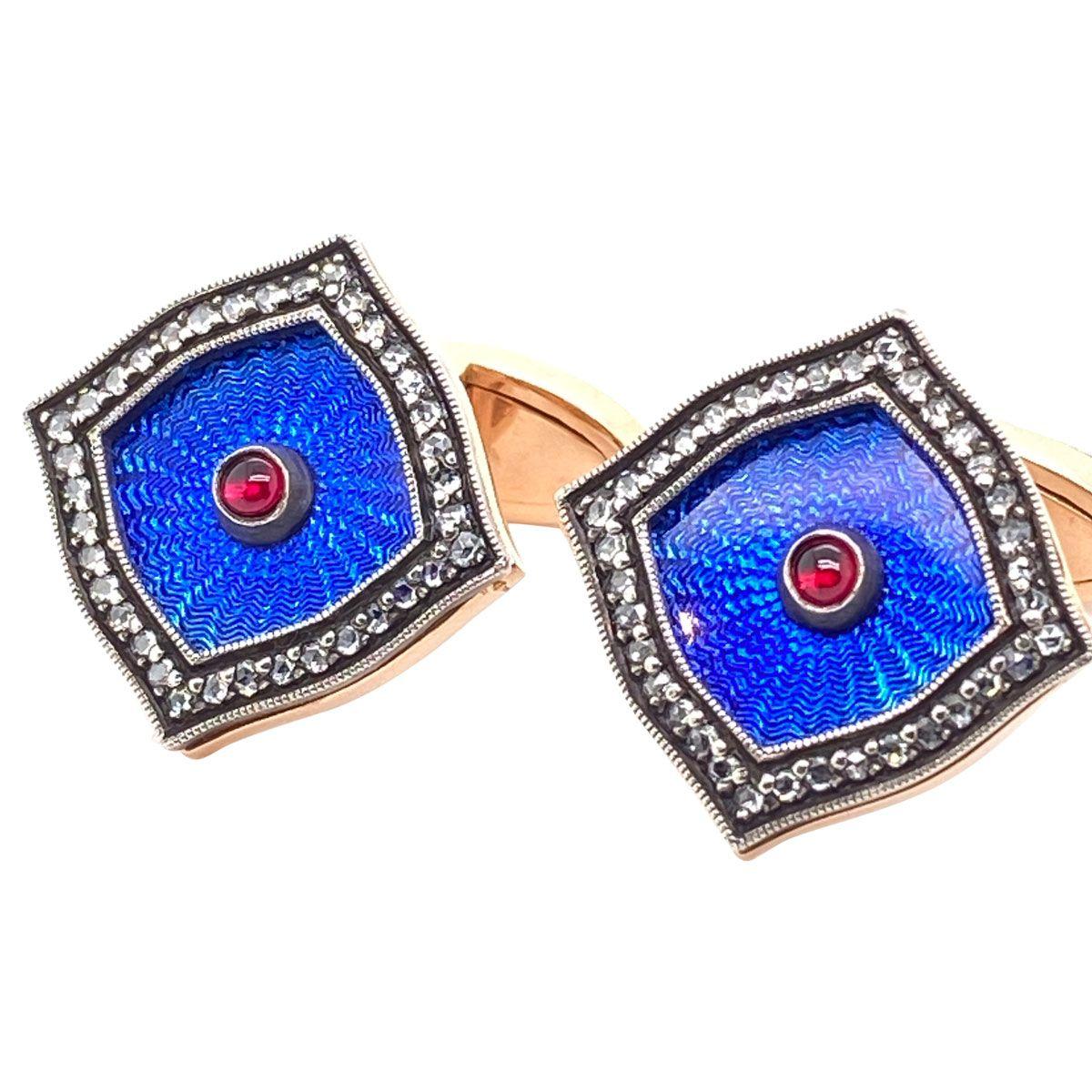 Contemporary 14 Karat Rose Gold Enamel Diamond and Ruby Russian Crafted Cufflinks