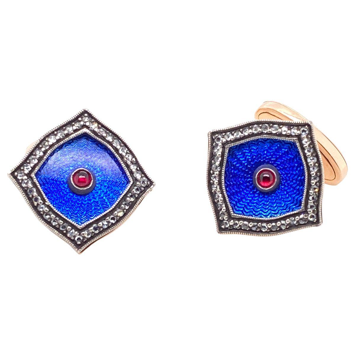 14 Karat Rose Gold Enamel Diamond and Ruby Russian Crafted Cufflinks In Good Condition In QLD , AU