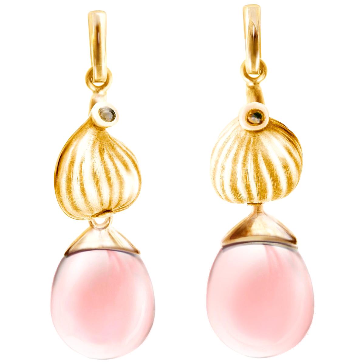 Boucles d'oreilles cocktail transformées Fig en or rose quatorze carats avec quartzes roses