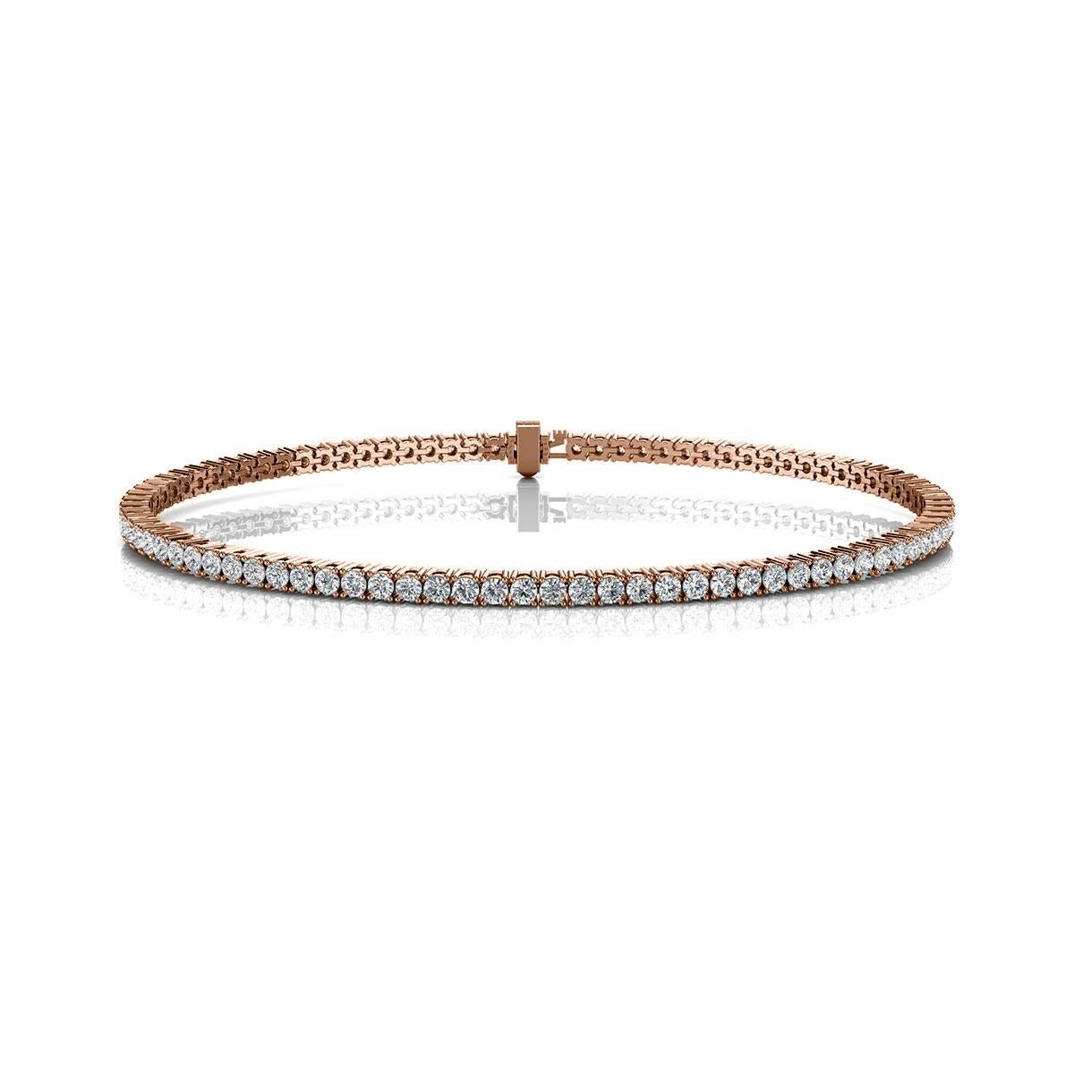 A timeless four prongs diamonds tennis bracelet. Experience the Difference!

Product details: 

Center Gemstone Type: NATURAL DIAMOND
Center Gemstone Color: WHITE
Center Gemstone Shape: ROUND
Center Diamond Carat Weight: 2
Metal: 14K Rose Gold
Metal
