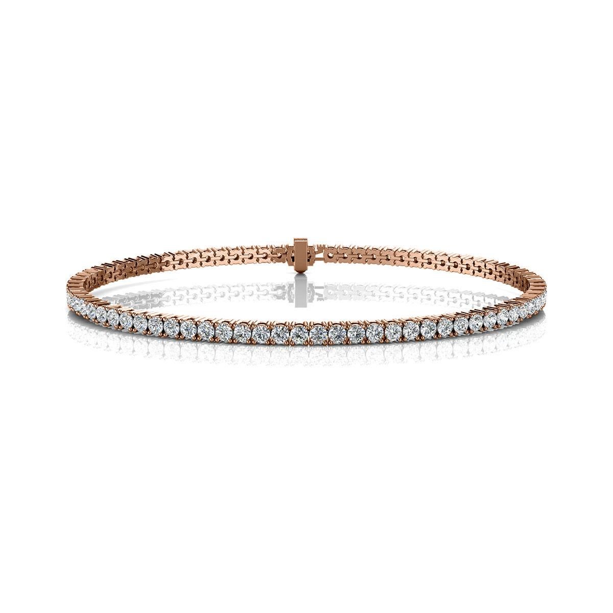 A timeless four prongs diamonds tennis bracelet. Experience the Difference!

Product details: 

Center Gemstone Type: NATURAL DIAMOND
Center Gemstone Color: WHITE
Center Gemstone Shape: ROUND
Center Diamond Carat Weight: 3
Metal: 14K Rose Gold
Metal