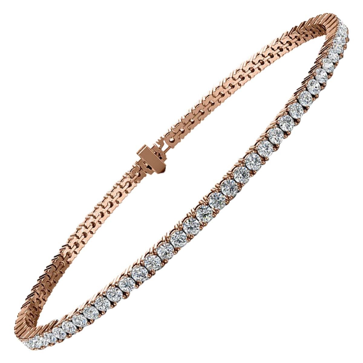 Bracelet tennis à quatre griffes en or rose 14 carats avec diamants de 3 carats