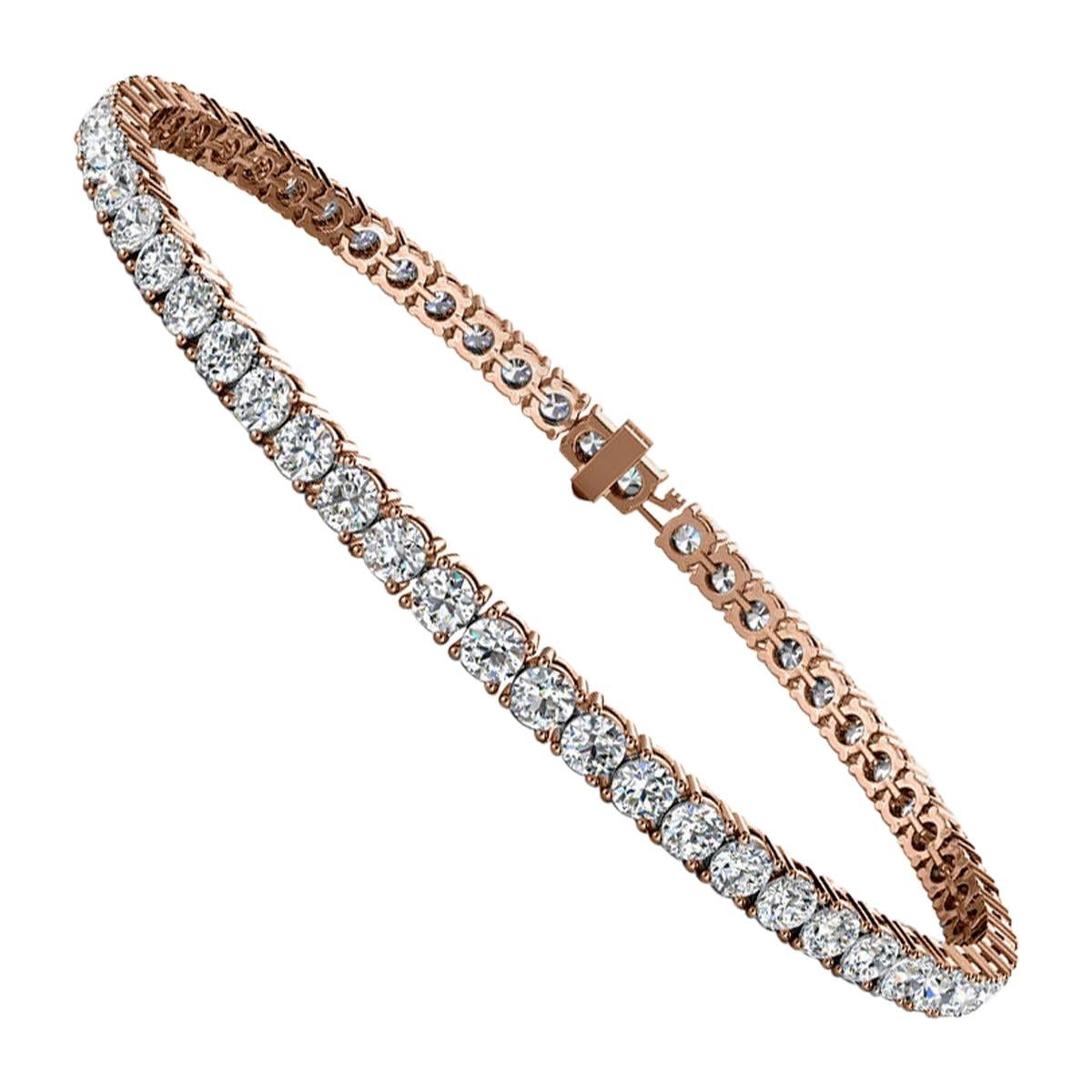 14 Karat Rose Gold Four Prongs Diamond Tennis Bracelet '5 Carat' For Sale