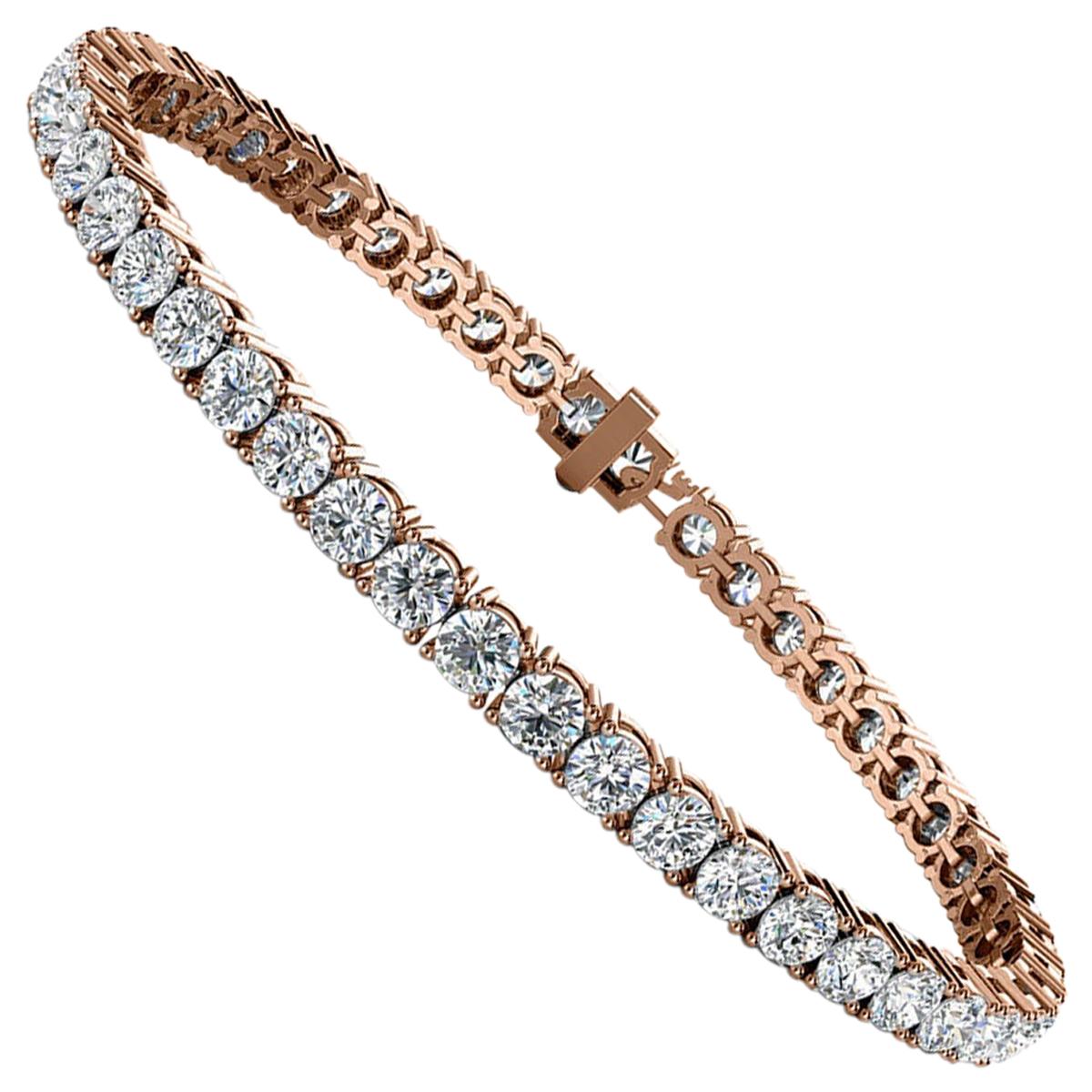 14 Karat Rose Gold Four Prongs Diamond Tennis Bracelet '7 Carat' For Sale